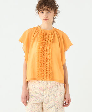 Cotton Silk Chambray Ruffled Blouse