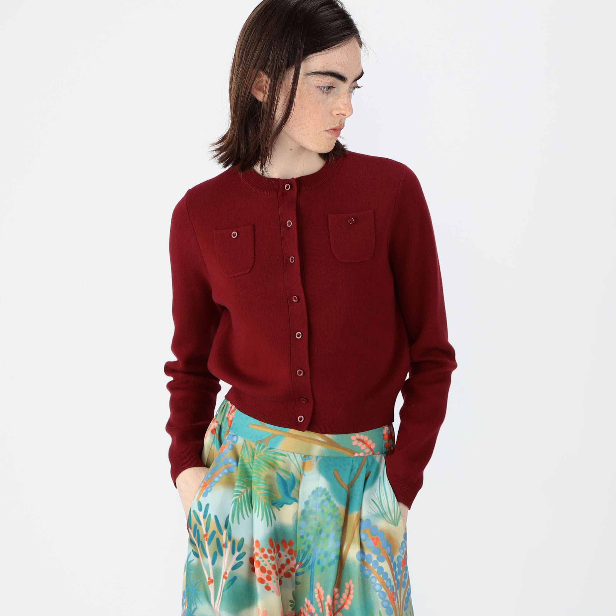 新品タグ付き】キャバンコットンカシミヤポケットカーディガンボルドーXS