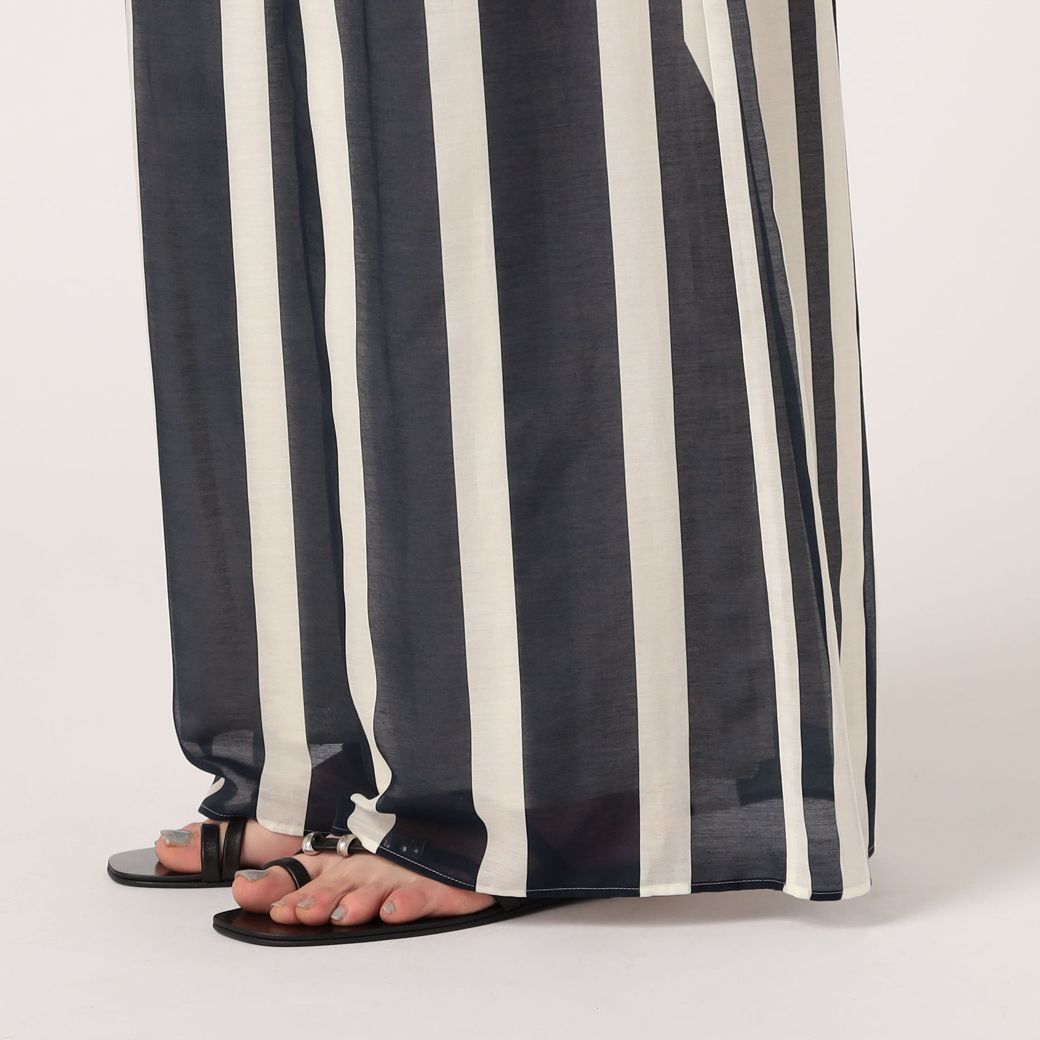 コットンシルクローンストライプ ギャザーワイドパンツ