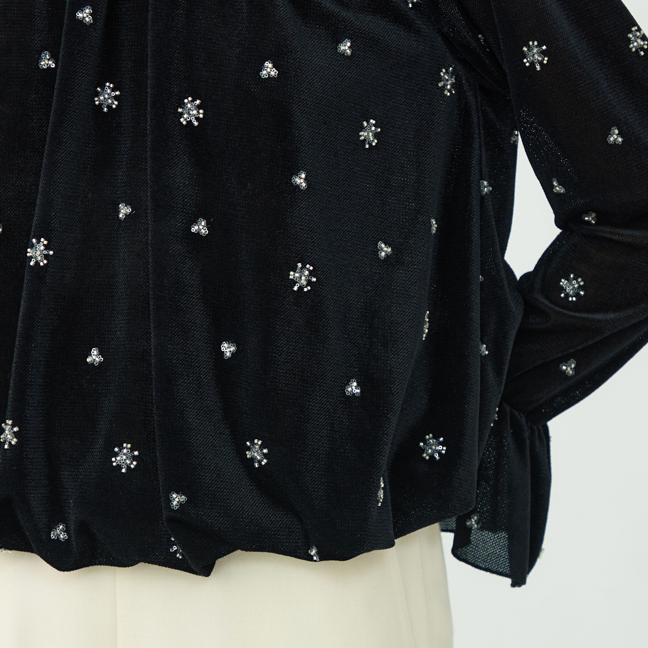 メッシュベロアエンブロイダリー ラッフルカフスブラウス