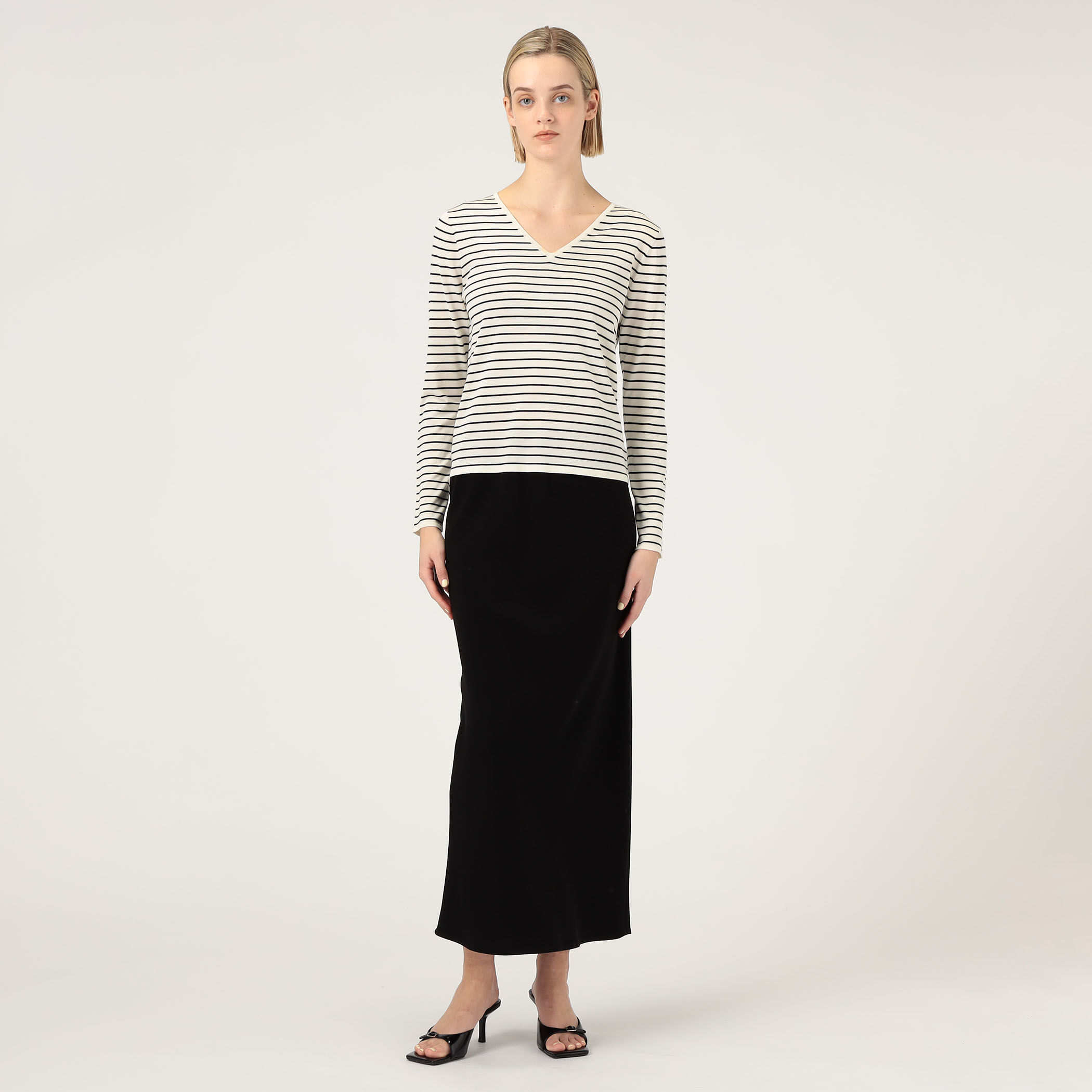 デプレ 25SS ライトダブルクロス エラスティックストレートスカート M 白 DES PRES 【DES PRES】ライトダブルクロス フレアロングスカート