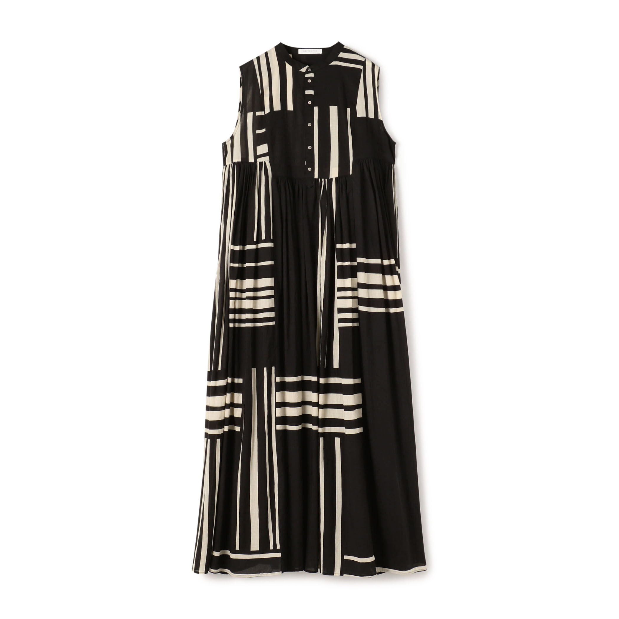 ランドレイヤープリント スタンドネックギャザーワンピース