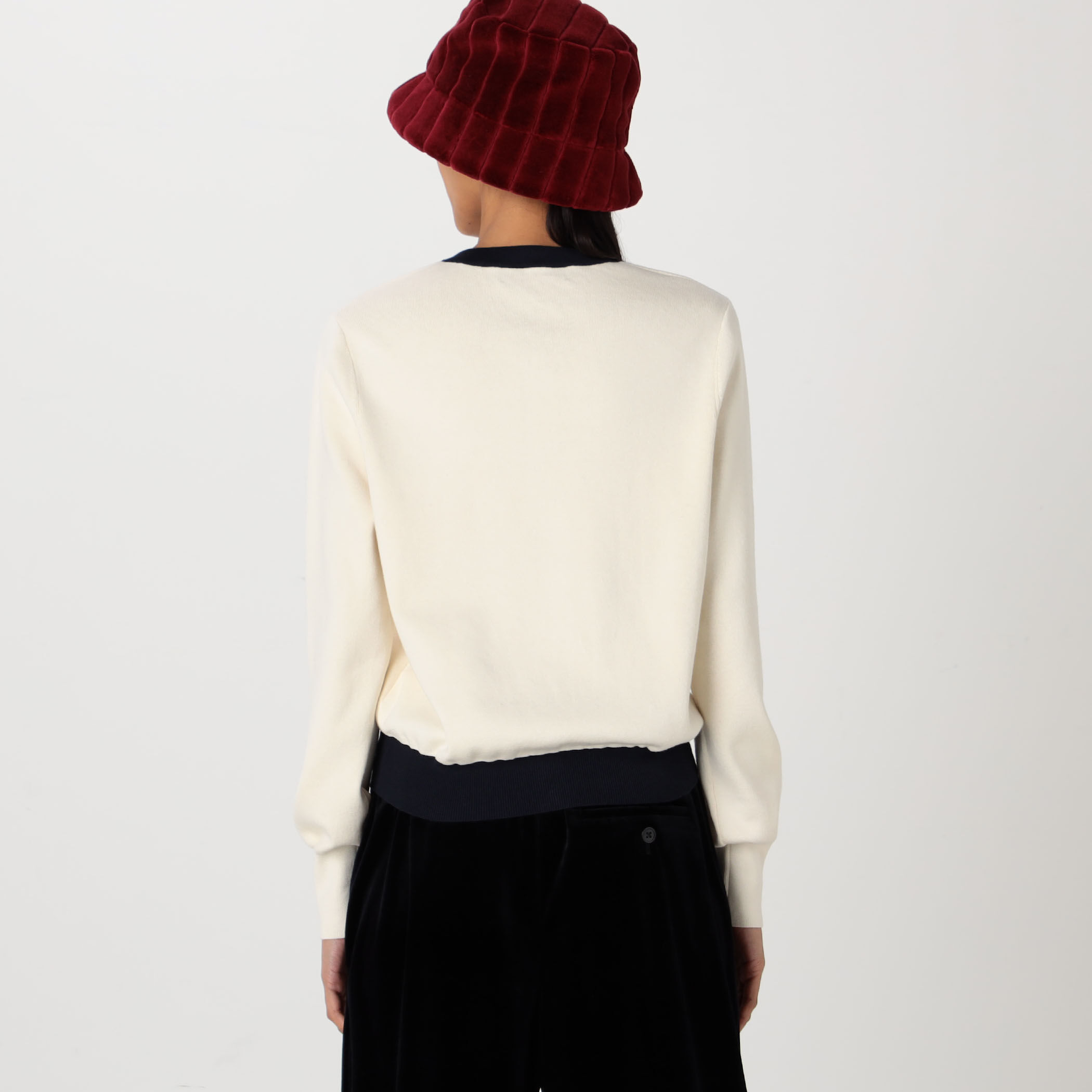 コットンカシミヤ バイカラークルーネックカーディガン