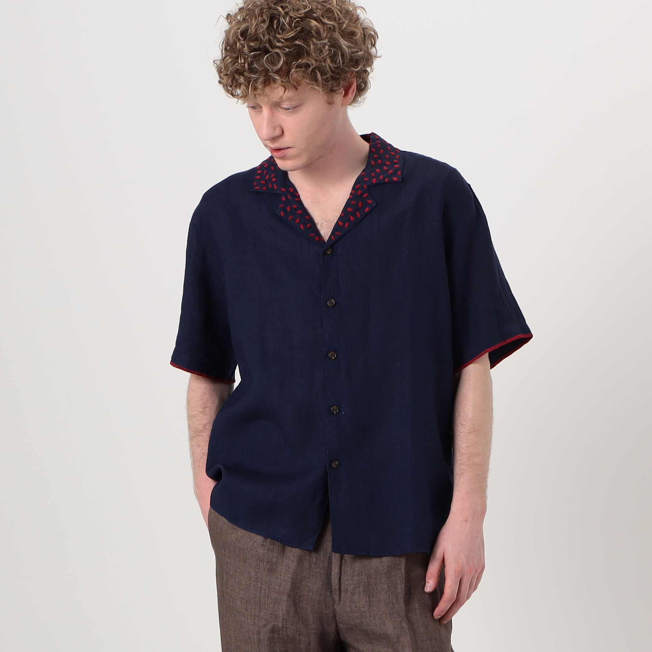 JUPE BY JACKIE Sasim Navy リネン エンブロイダリー オープンカラー