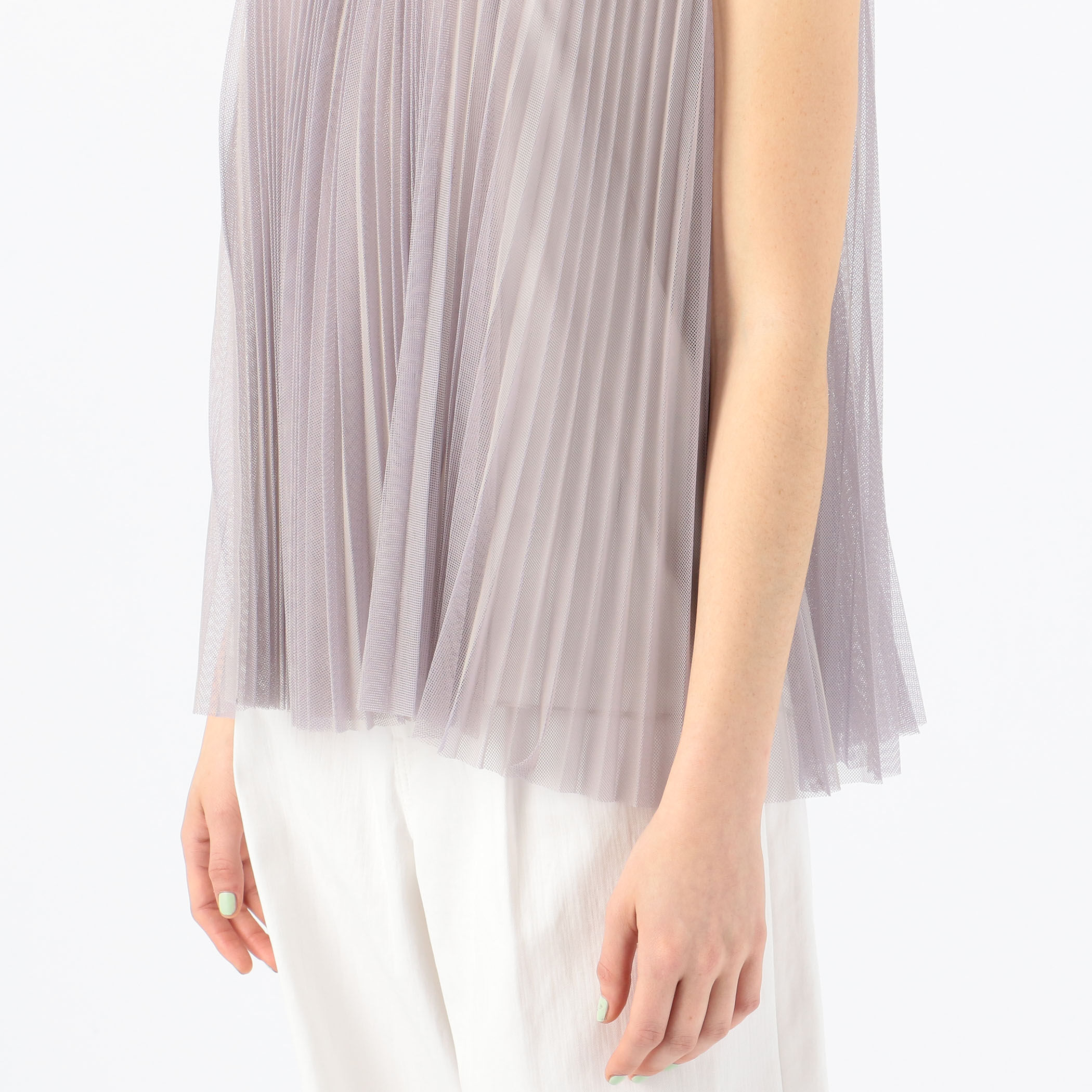 シャンブレーチュールアシンメトリープリーツ ノースリーブブラウス