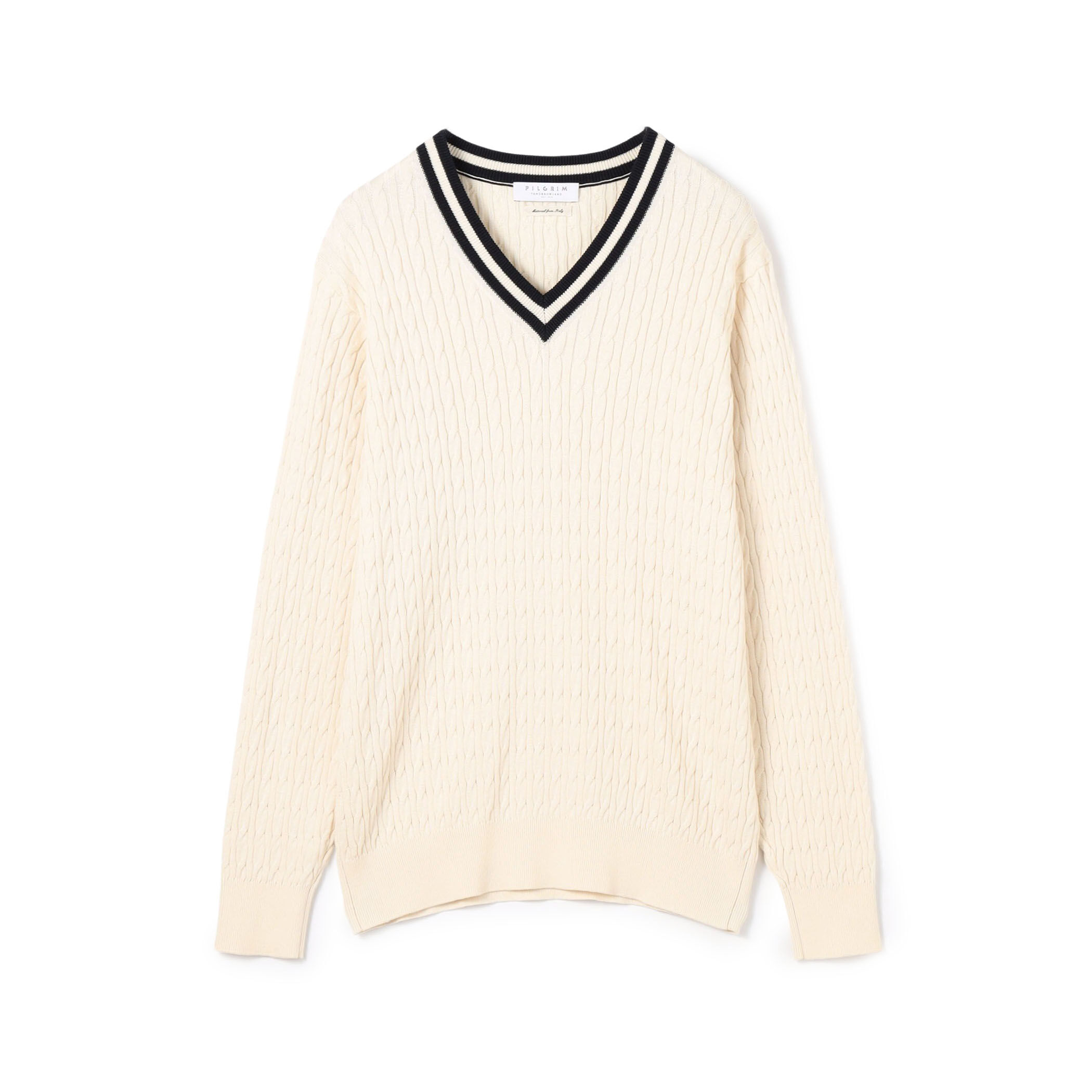 □コットンシルク Vネックプルオーバー ケーブルニット