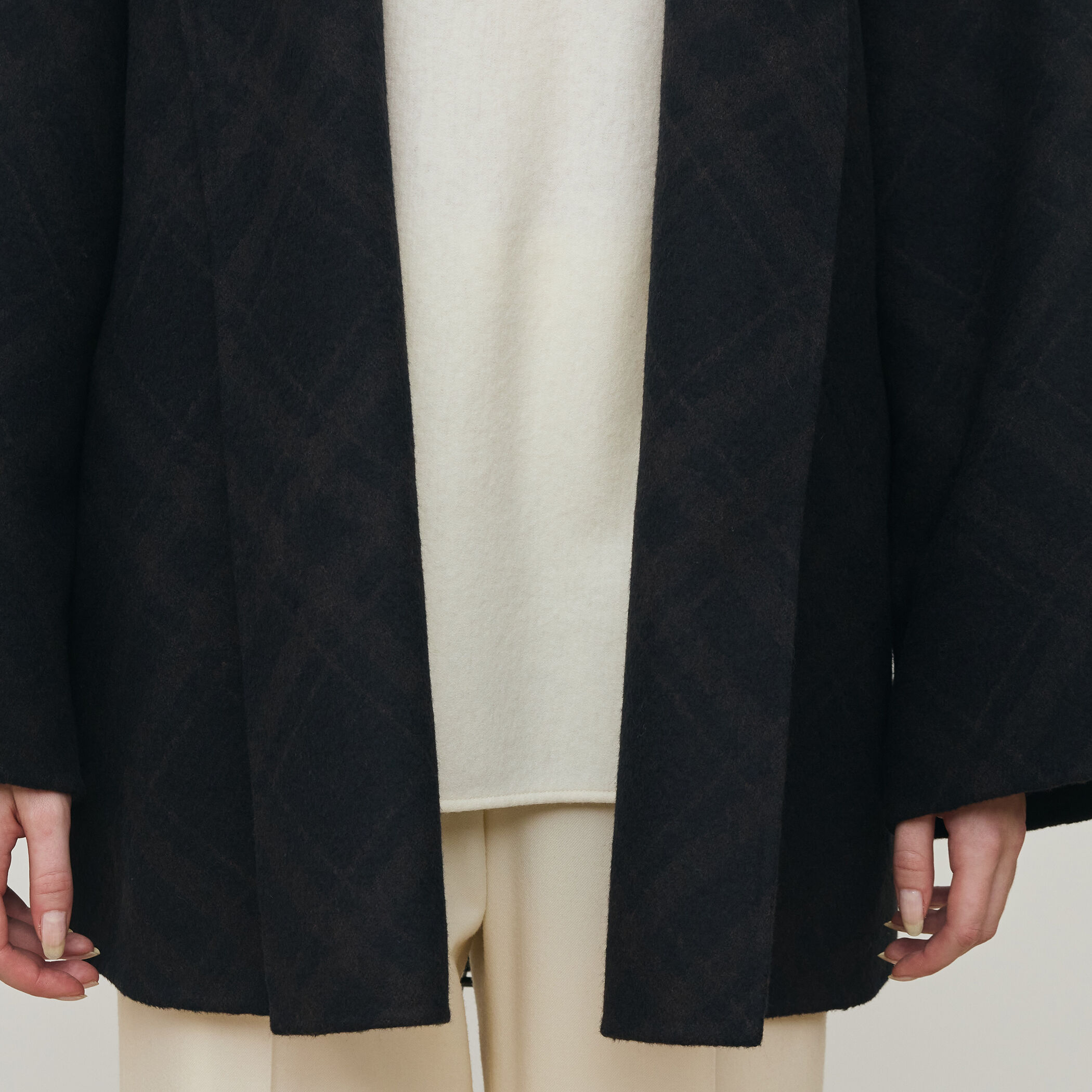 ダブルフェイスチェックジャガード フーディーミディコート