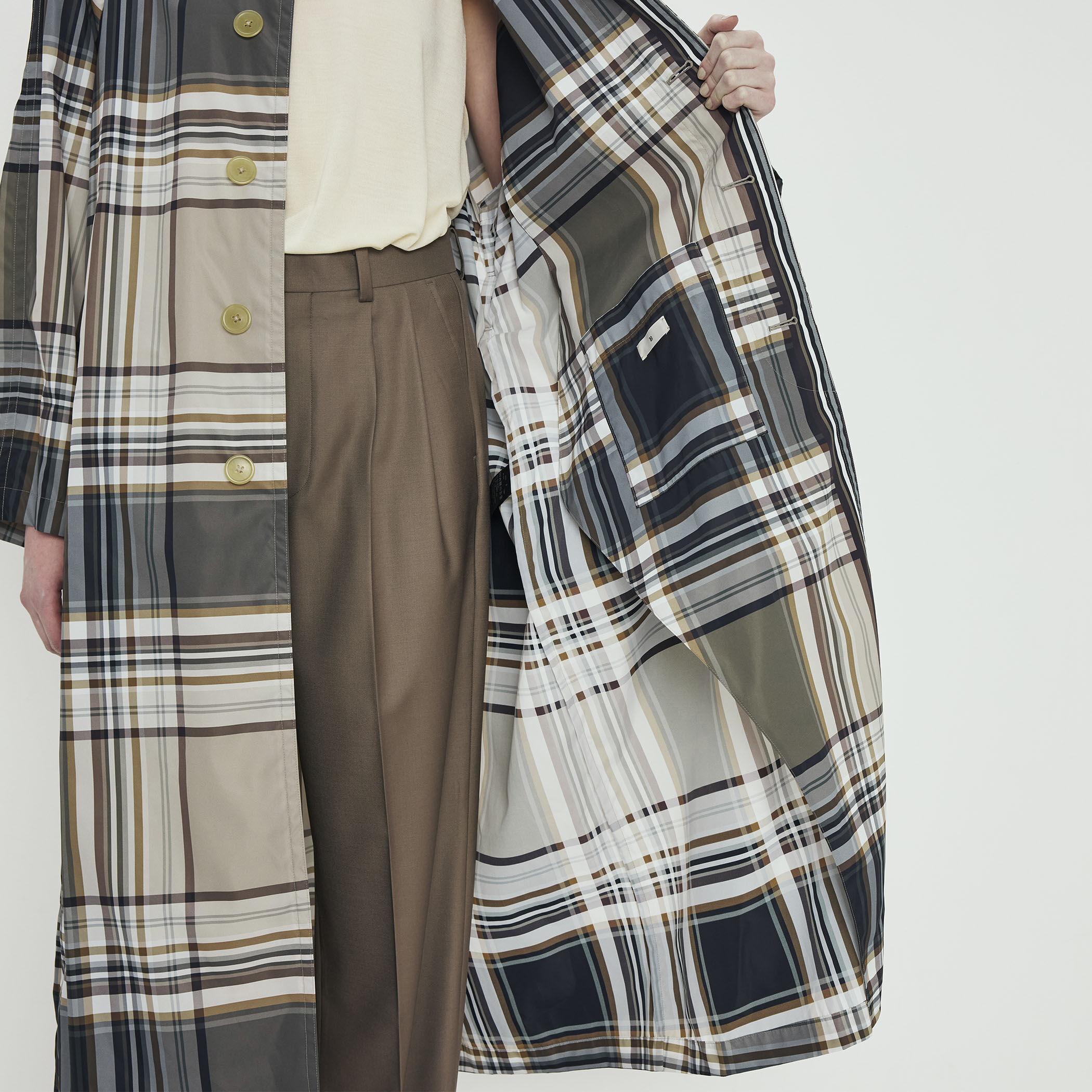 テクニカルナイロン ブロックチェックステンカラーコート