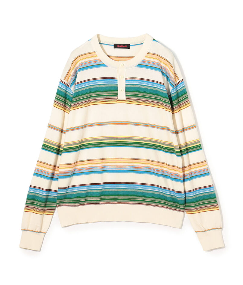 コットンカシミヤ マルチボーダーヘンリーネックプルオーバー