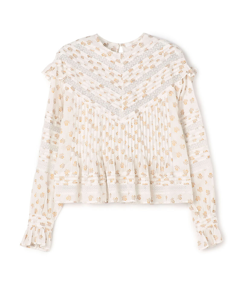 コットンボイルプリント ピンタックフリルブラウス