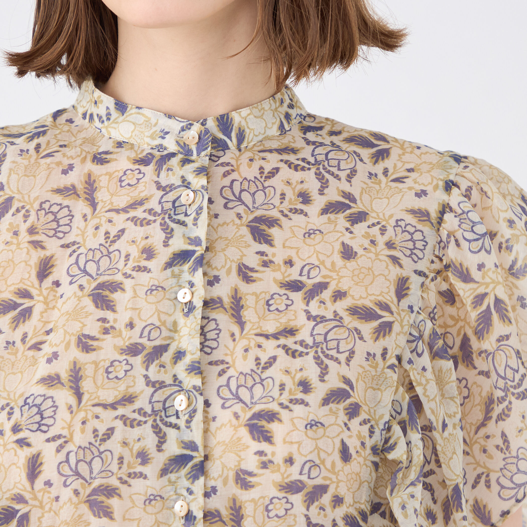 コットンポリエステルプリント バタフライスリーブブラウス