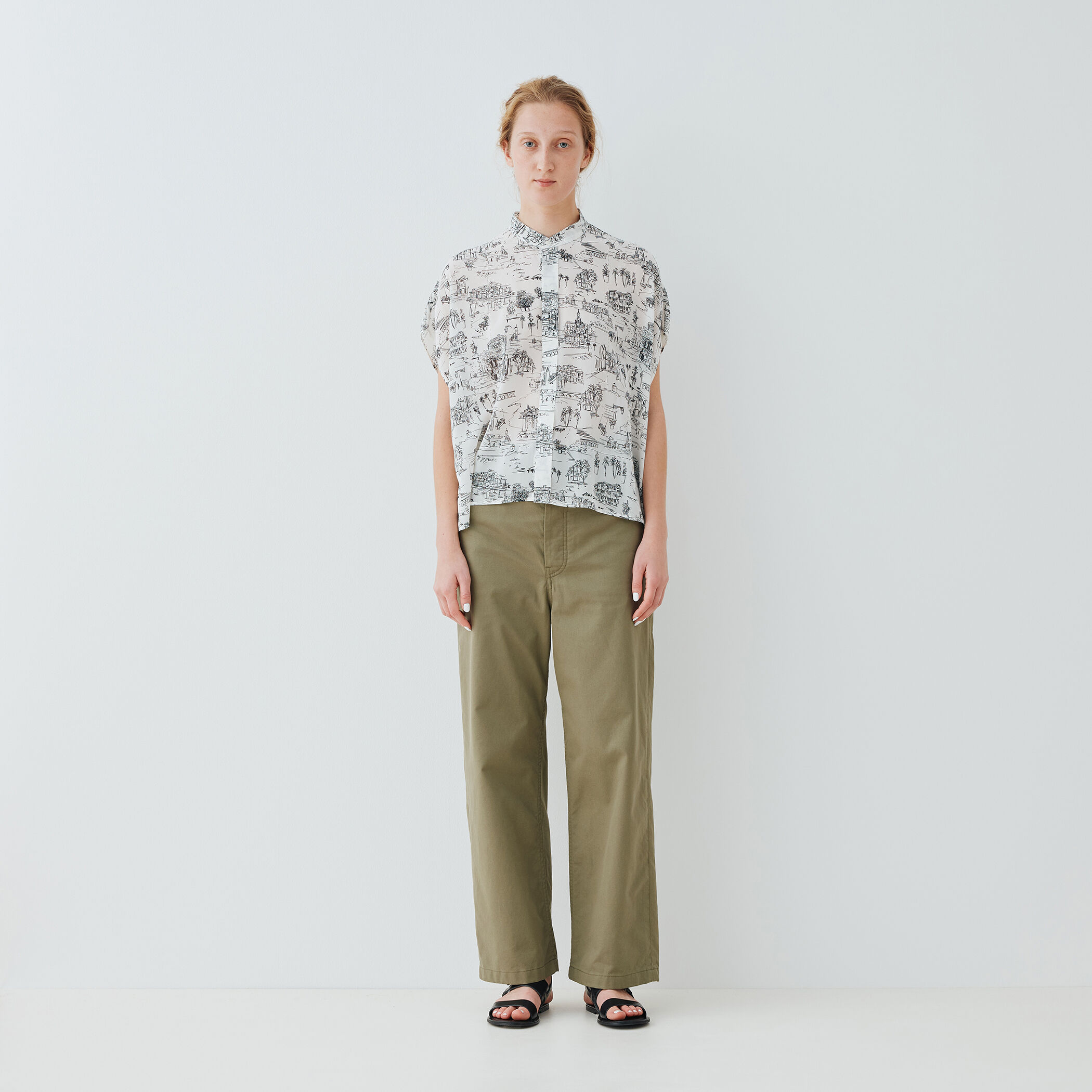 く日はお得♪ LandScapeシルクストレッチ スタンドネックボックスシャツ トップス