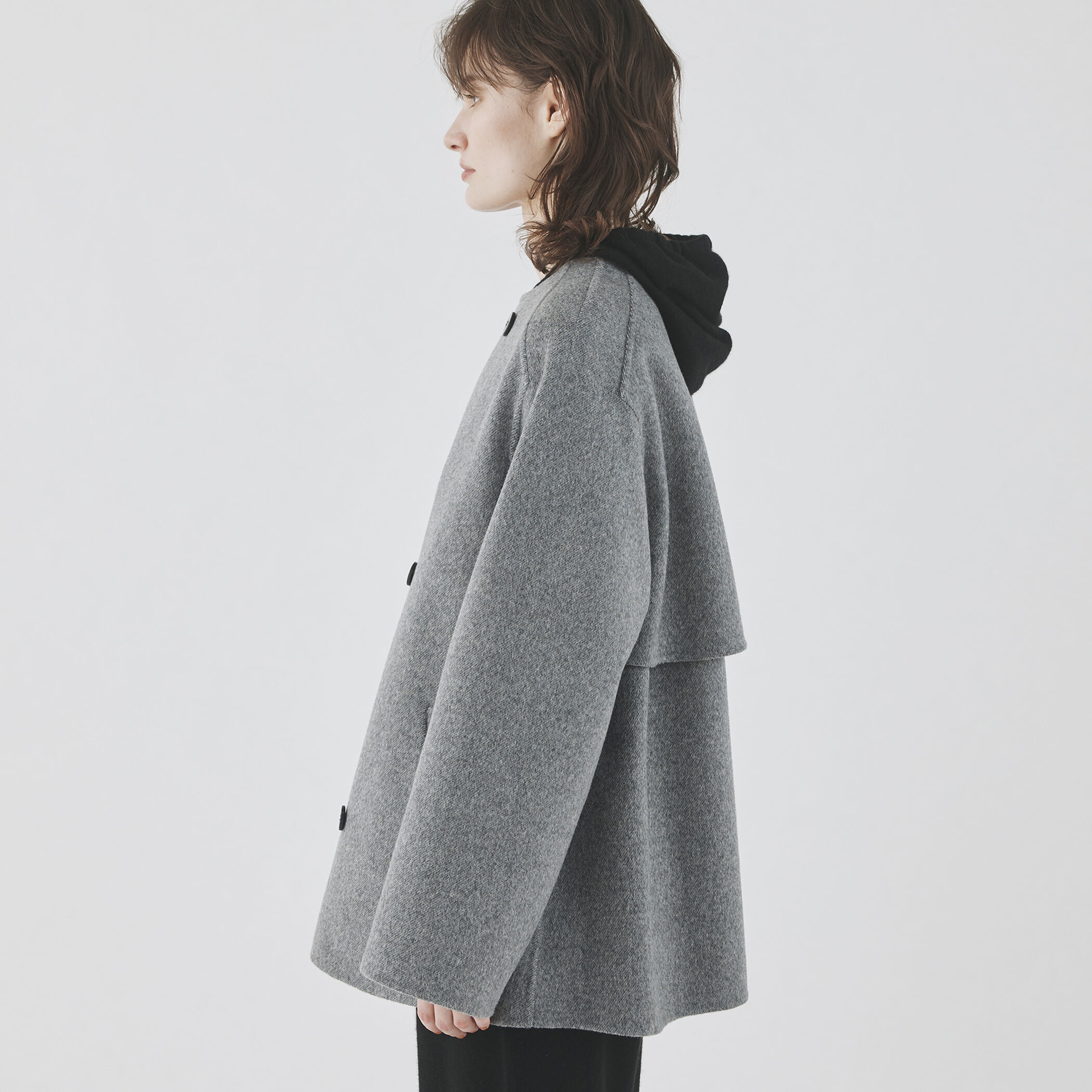 ウールダブルフェイス カラーレス ショートトレンチコート