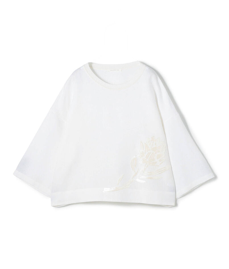 リブコンビフレンチリネンエンブロイダリー クルーネックブラウス