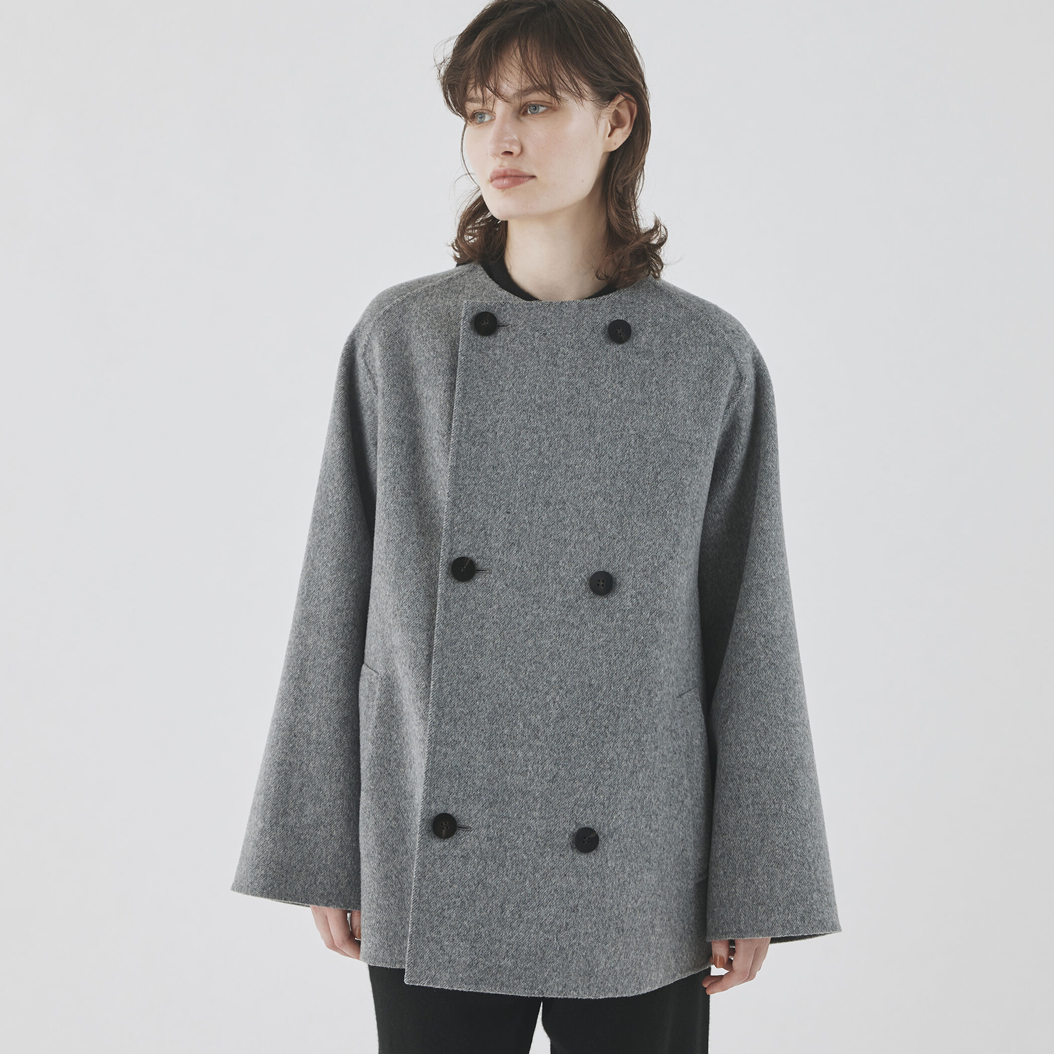 GALERIE VIE ウールダブルフェイス カラーレス ショートトレンチコート ウールダブルフェイス カラーレス ショートトレンチコート