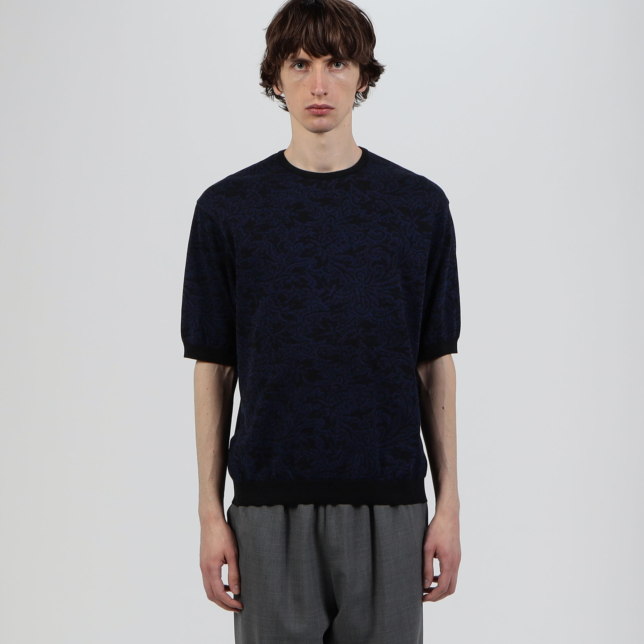 TOMORROWLAND tricot リブライン ニットTシャツ 黒 TOMORROWLAND tricot ペイズリー柄 コットンハーフスリーブ