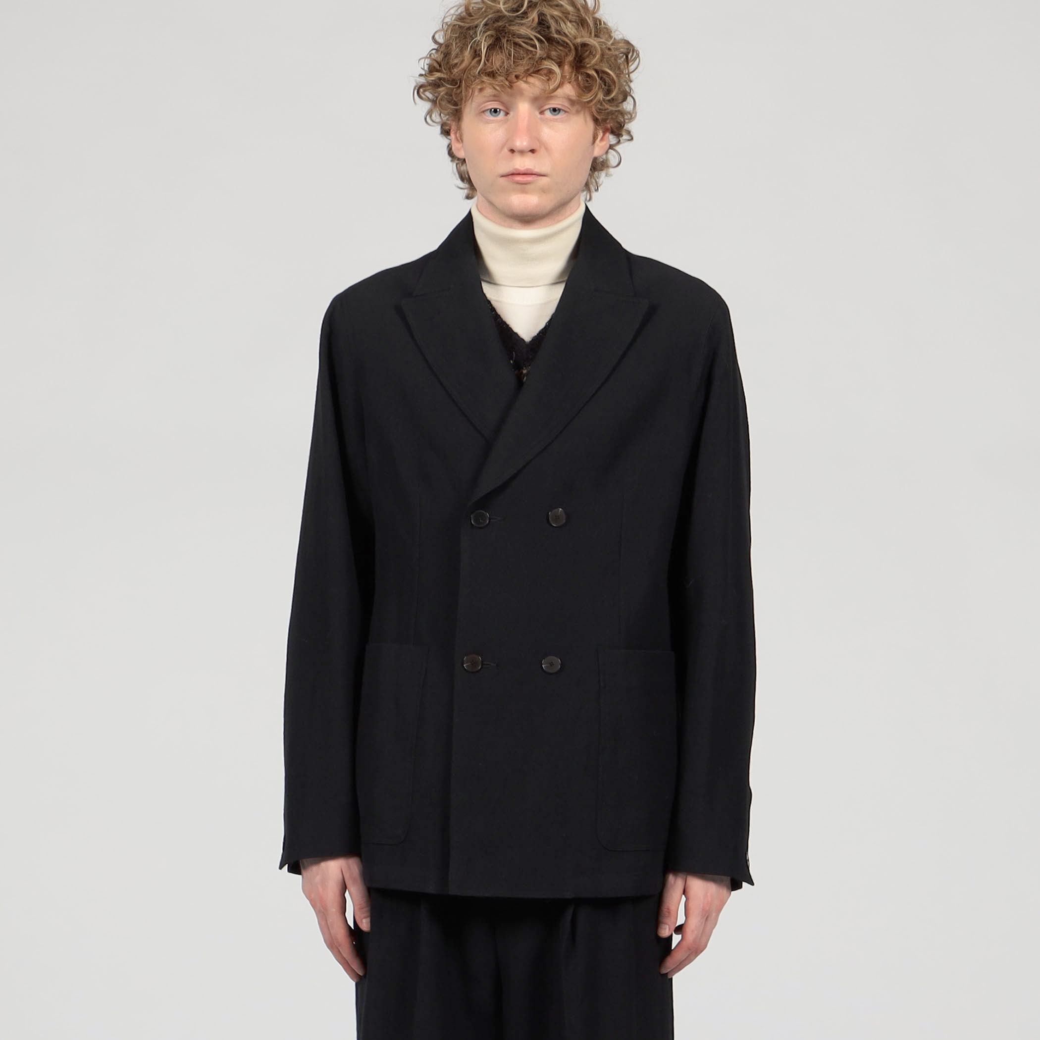 美品▲yleveイレーヴ//ウール100 4Bダブルジャケット▲グレー ウールリネンコットン ダブルブレステッド 4Bジャケット