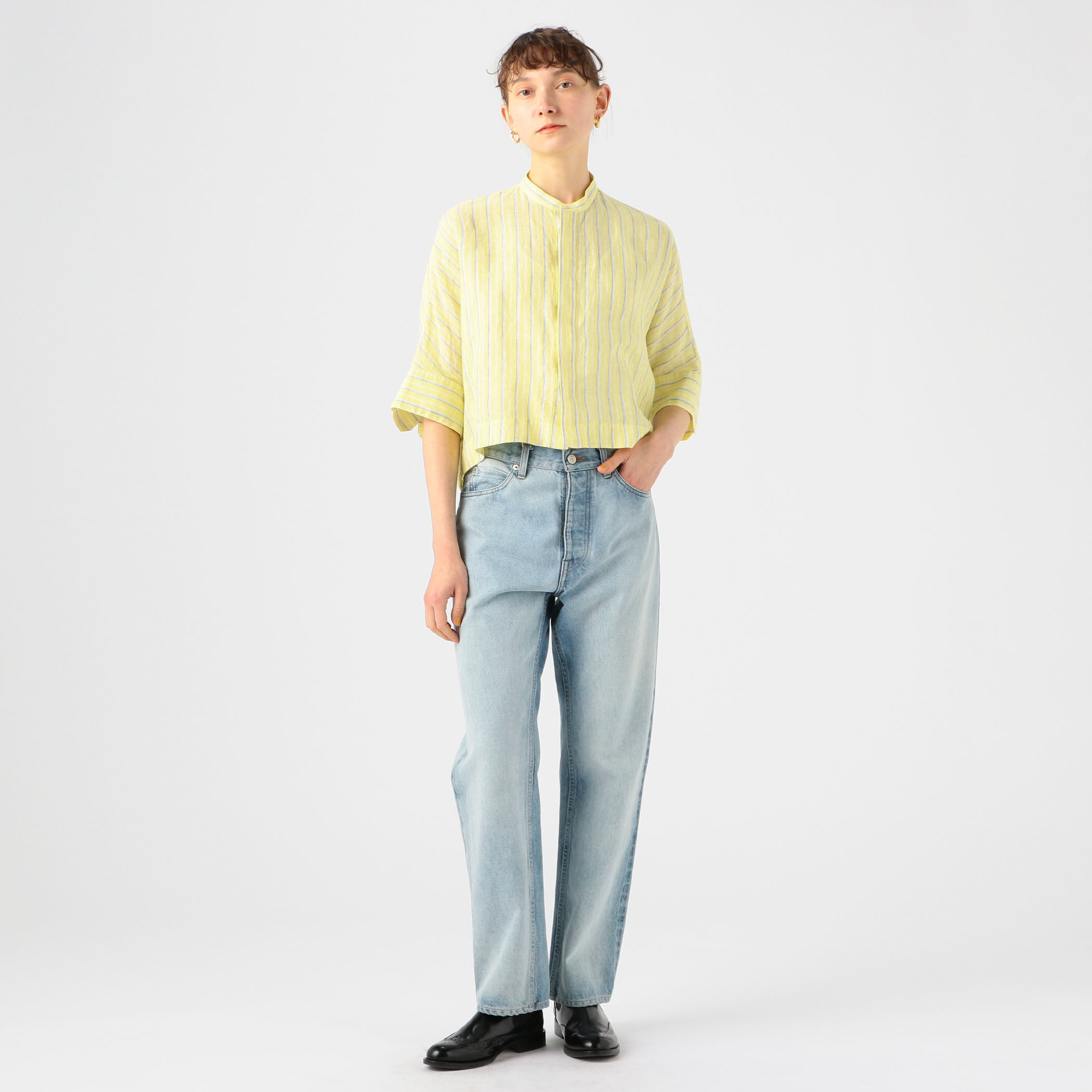 ベルギーリネン バンドカラーハーフスリーブシャツ