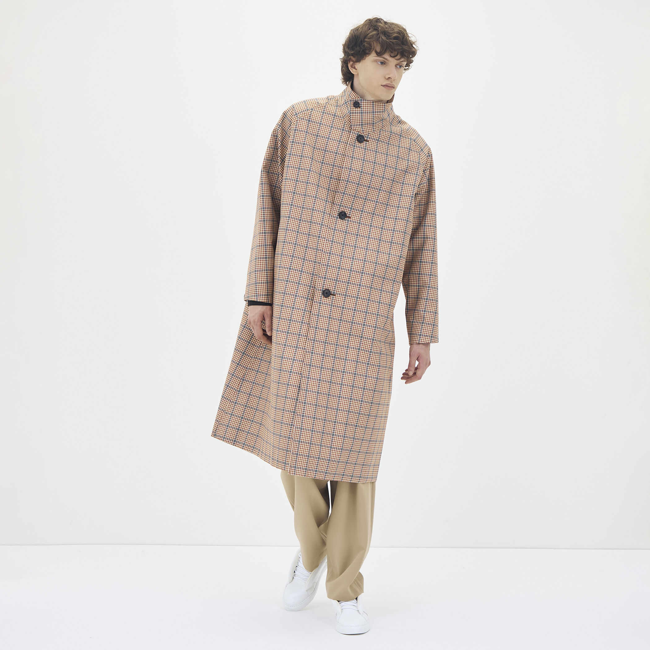 ESCADA　金ボタン　ダブルブレスト　カシミヤ100%　コート　ワッペン コットンツイル グリッドチェッスタンドカラーコート