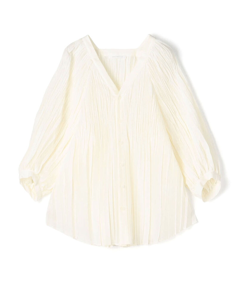 コットンシルクプリーツ Vネックシャツ