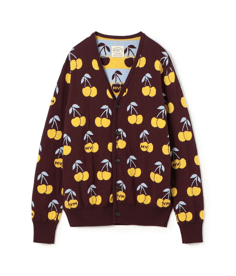 ウール チェリーモチーフ Vネックリバーシブルカーディガン