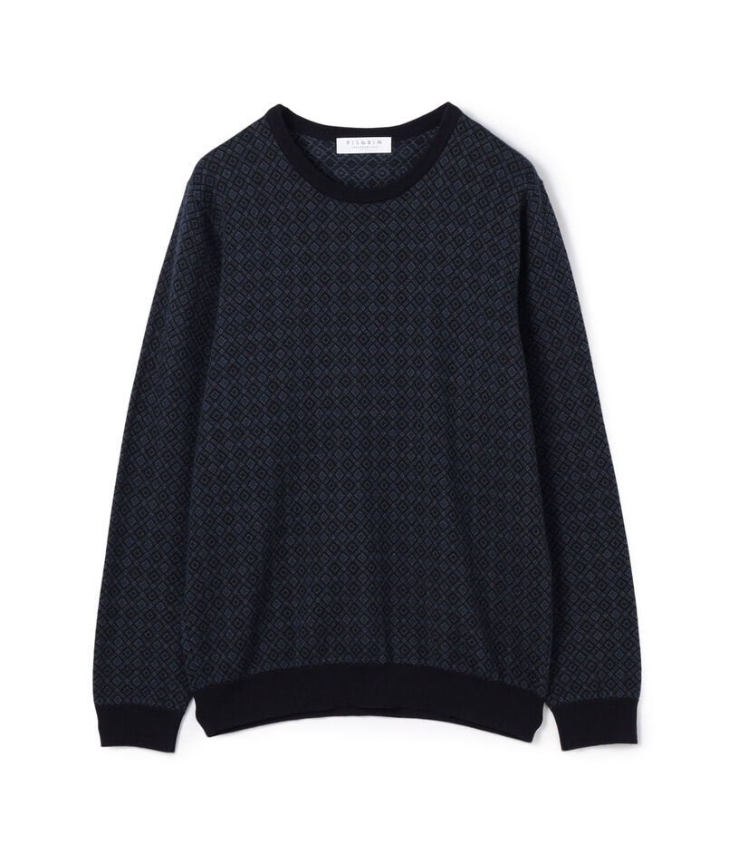 ■ウールシルクカシミヤ ジオメトリック柄 クルーネックプルオーバーニット