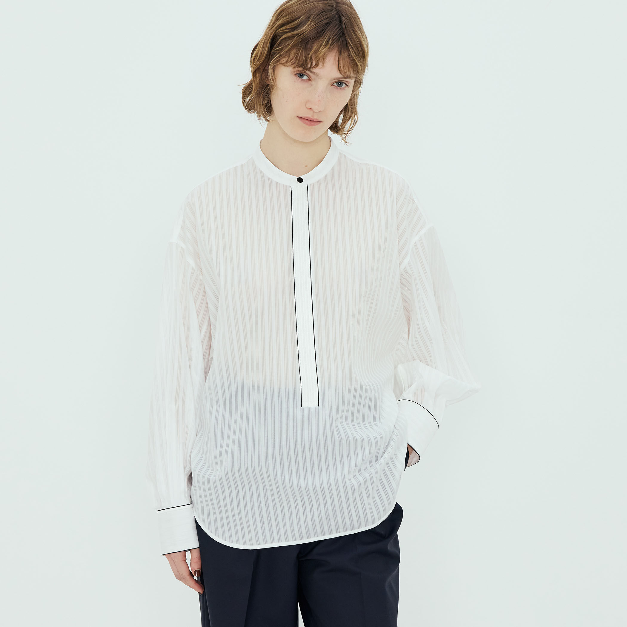 コットン シャドーストライプ ロングスリーブプルオーバーシャツ