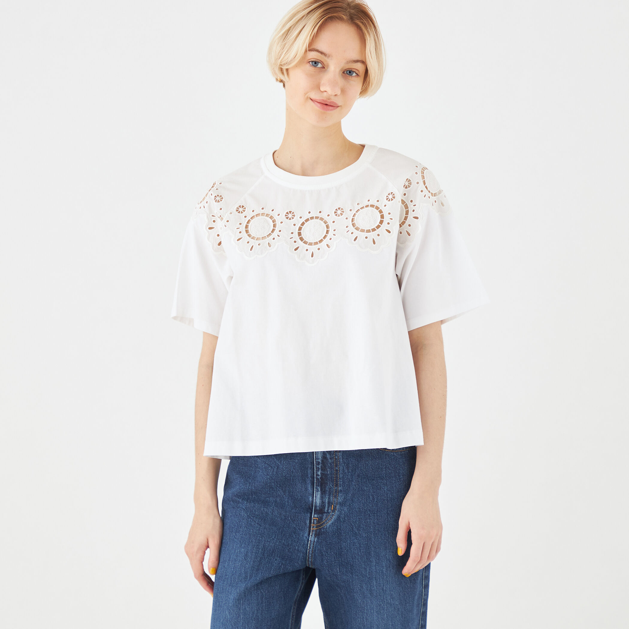 【MACPHEE】ボタニカルエンブロイダリー ハーフスリーブTシャツ ボタニカルエンブロイダリー ハーフスリーブTシャツ