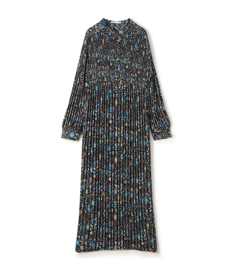 ポリエステルプリーツ バンドカラーワンピース