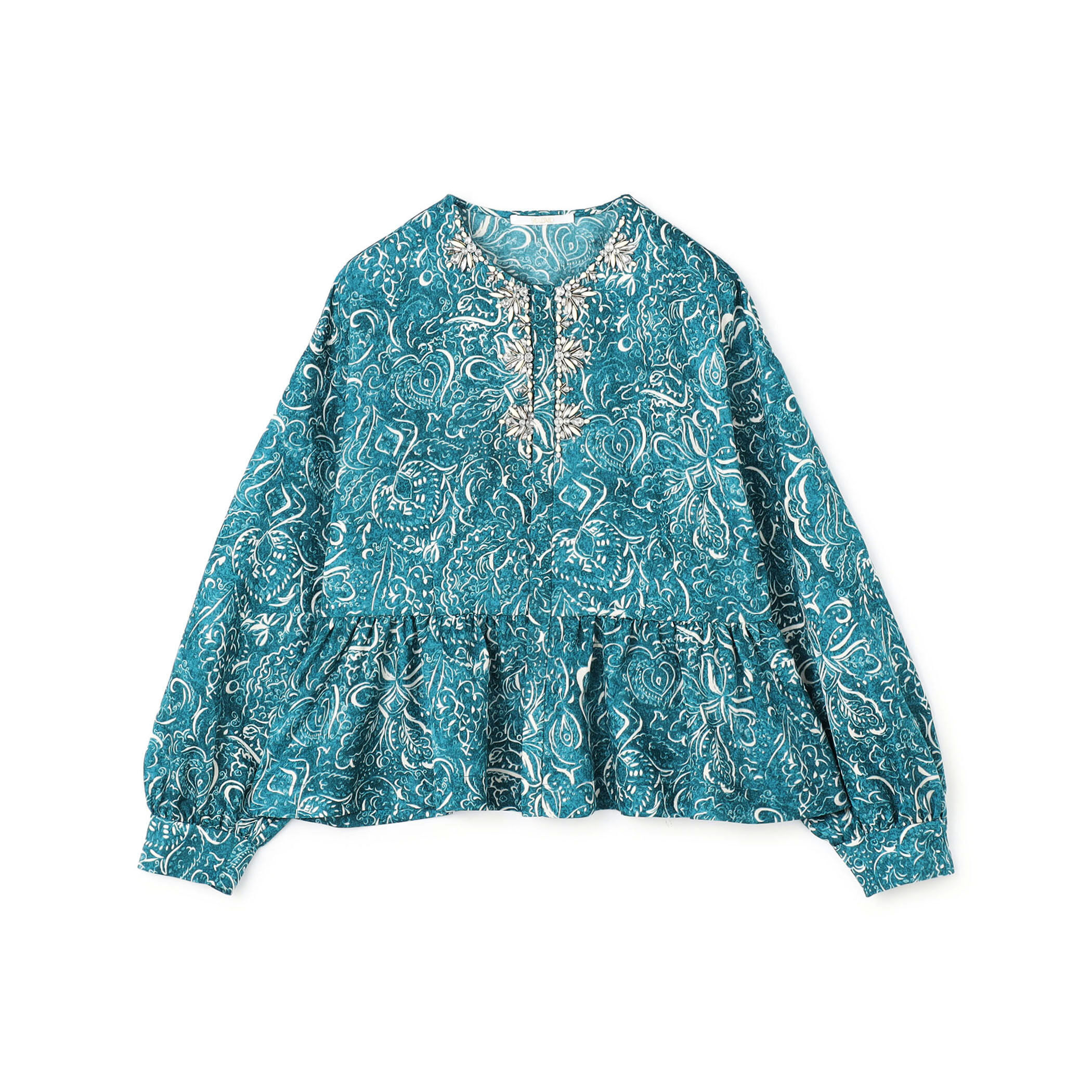 ポリエステルプリントビジュー ペプラムブラウス｜トゥモローランド