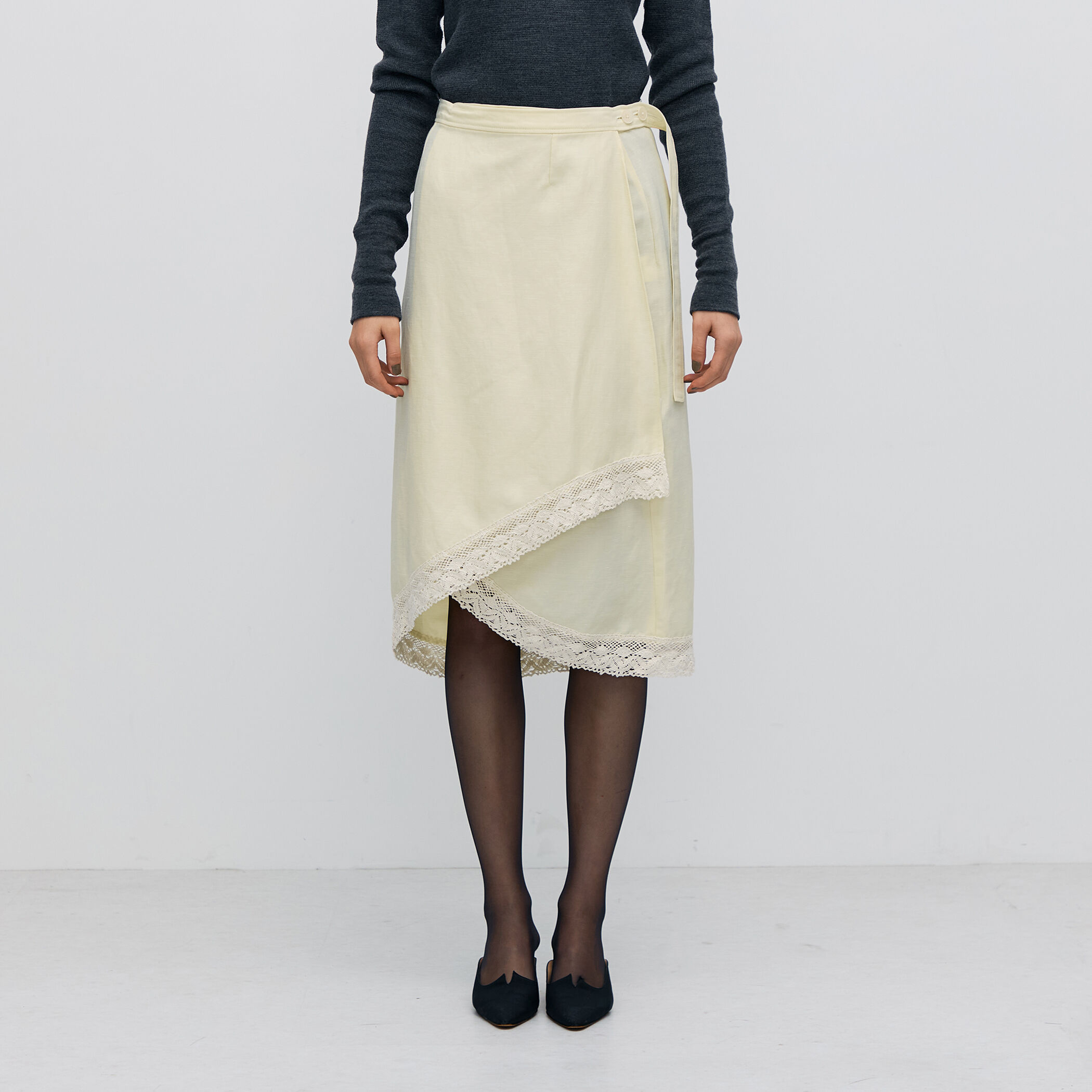 ナイロンリネンビンテージギャバジン レースコンビラップスカート