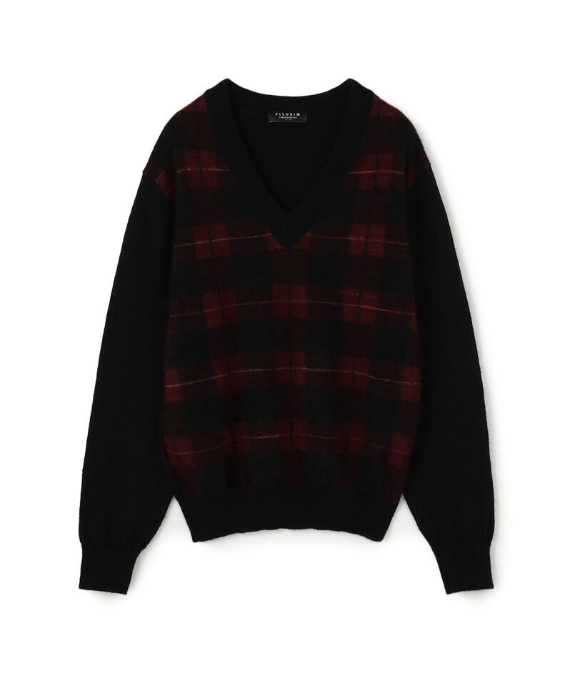 スーパーキッドモヘヤ チェック Vネックニット