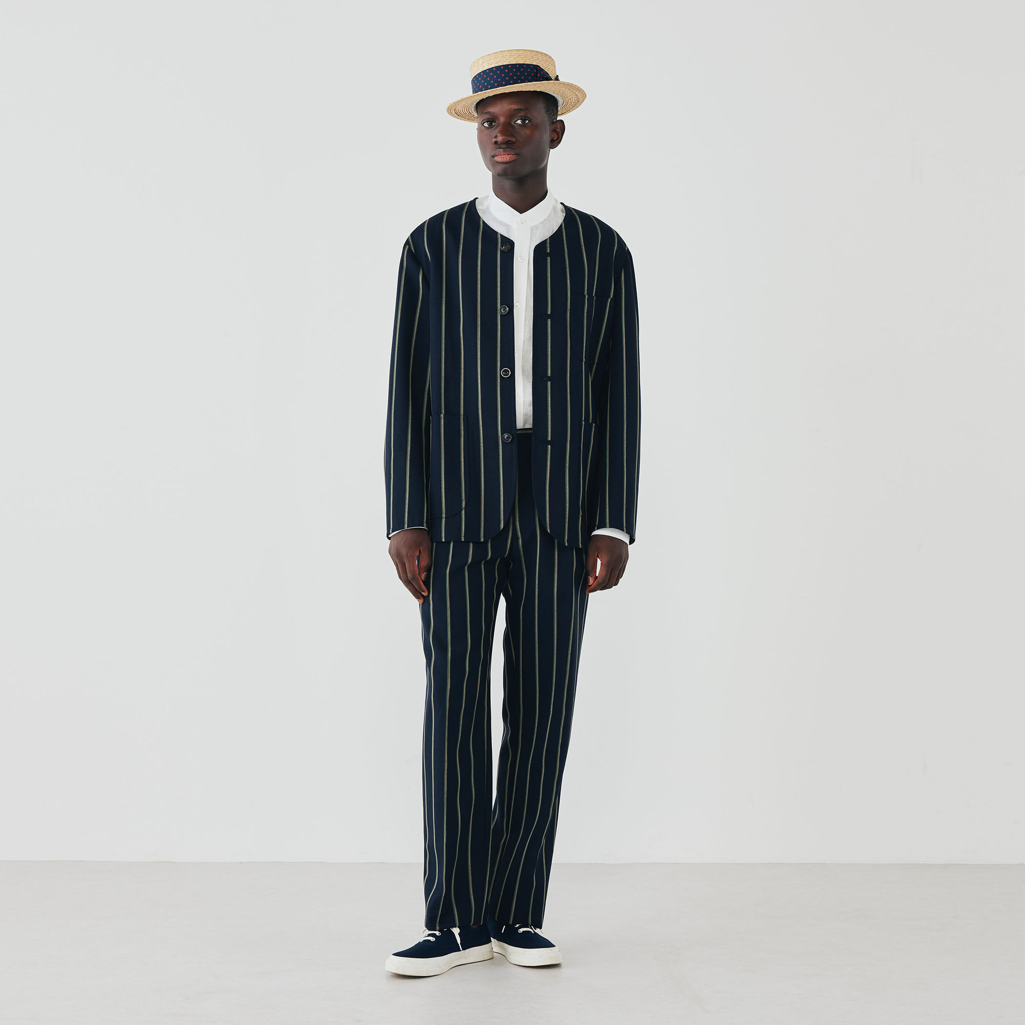 ウール クラブストライプ カラーレスジャケット FOX AIR