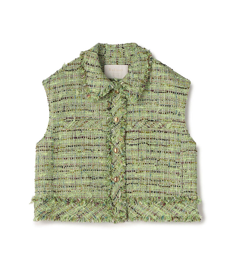 プレリーツイード ステンカラーショートジレ