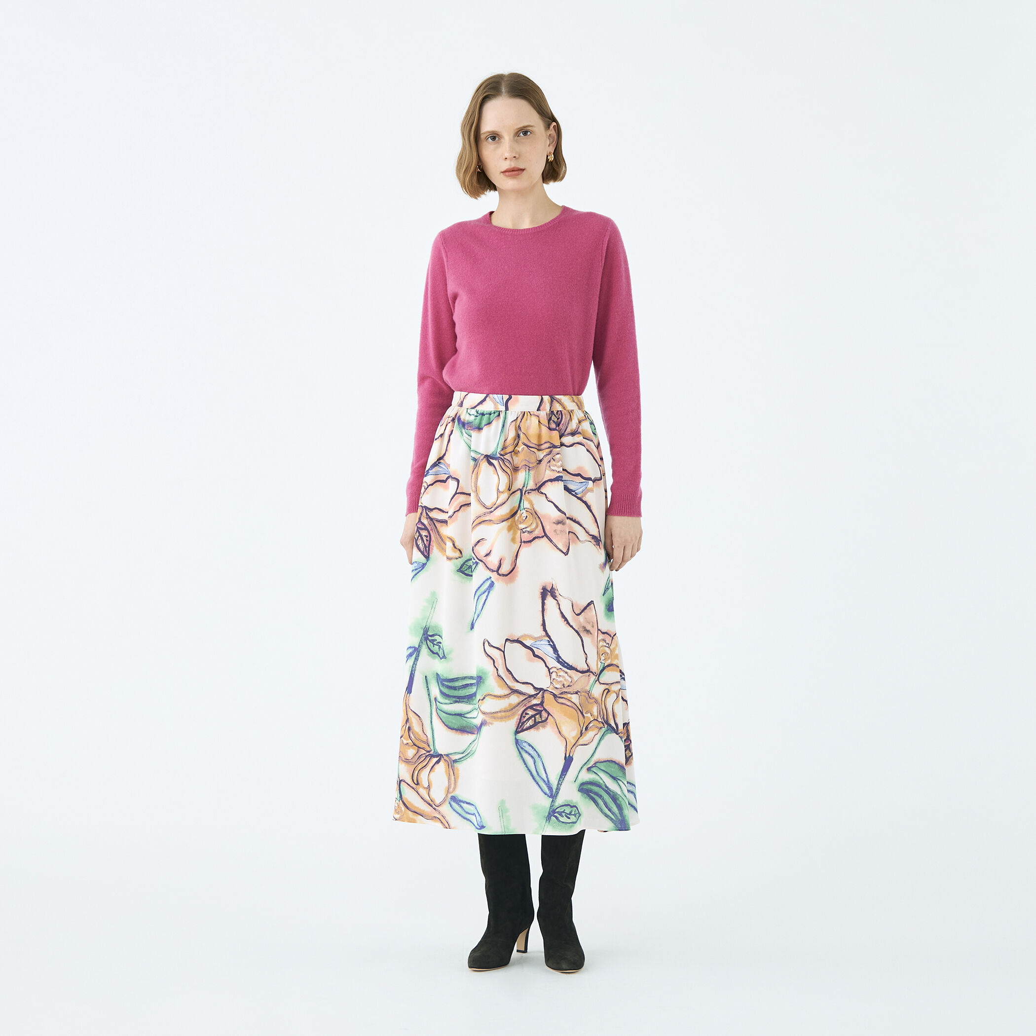 ドゥードルフラワープリント ロングギャザースカート