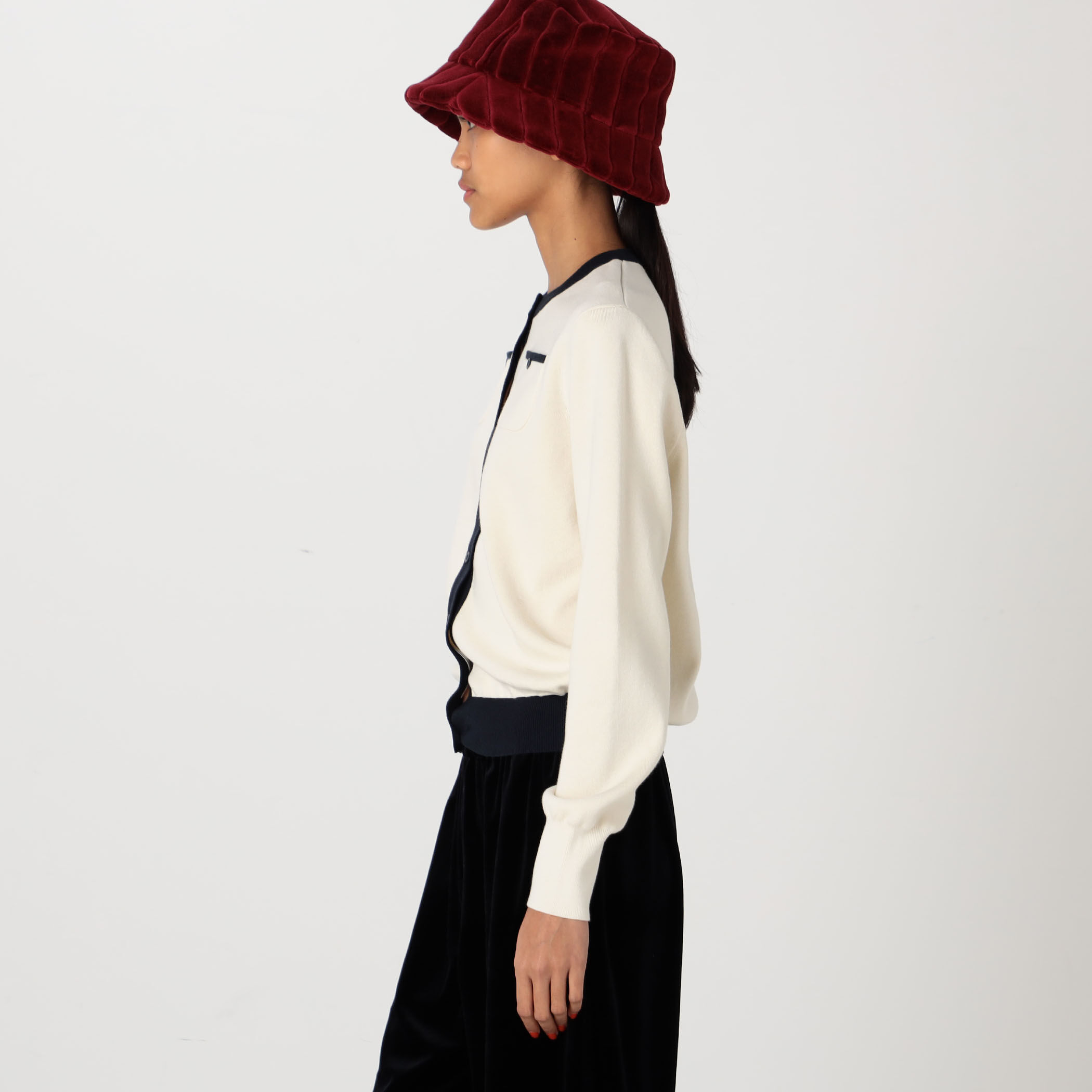 コットンカシミヤ バイカラークルーネックカーディガン