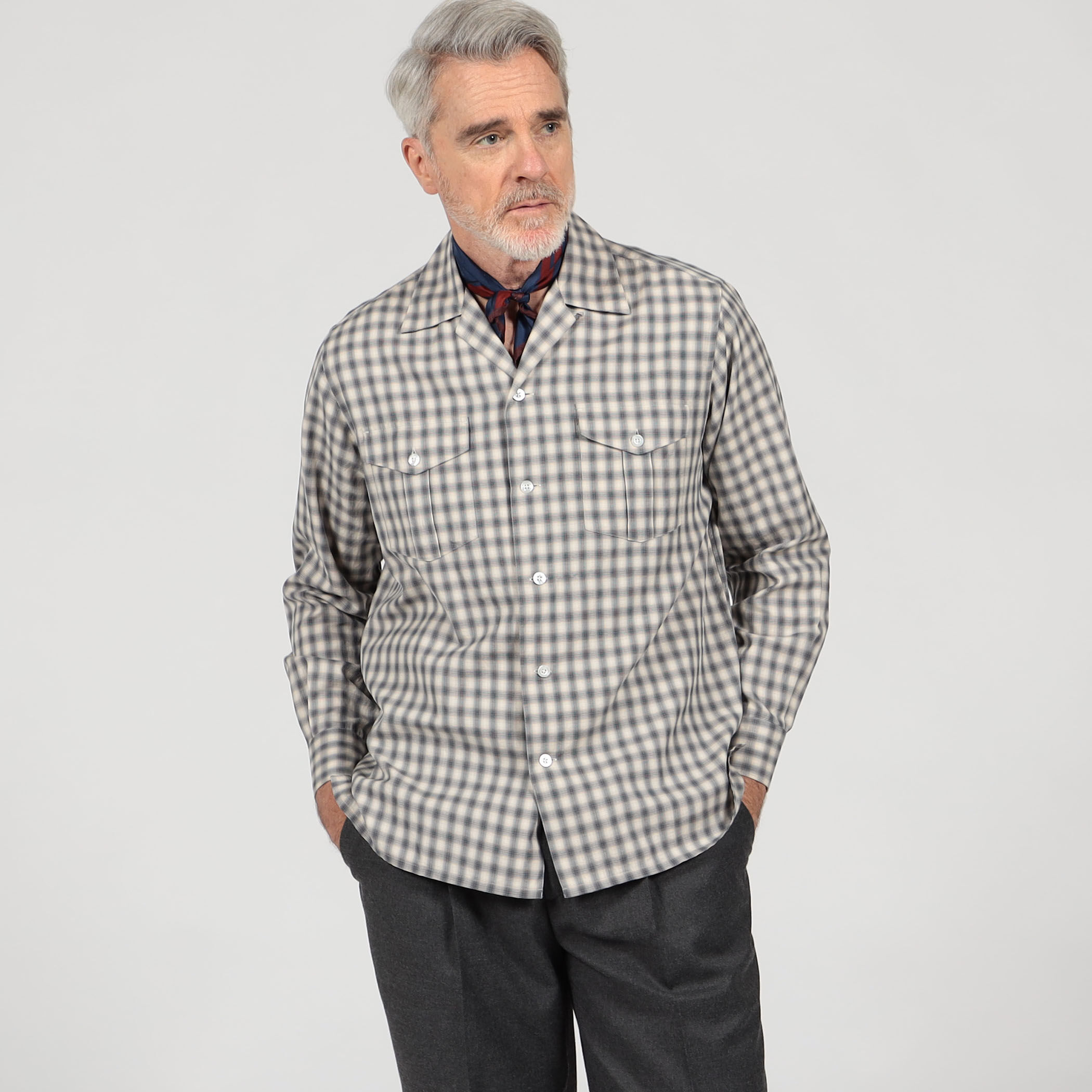 コットンオンブレーチェック ダブルポケットオープンカラーシャツ