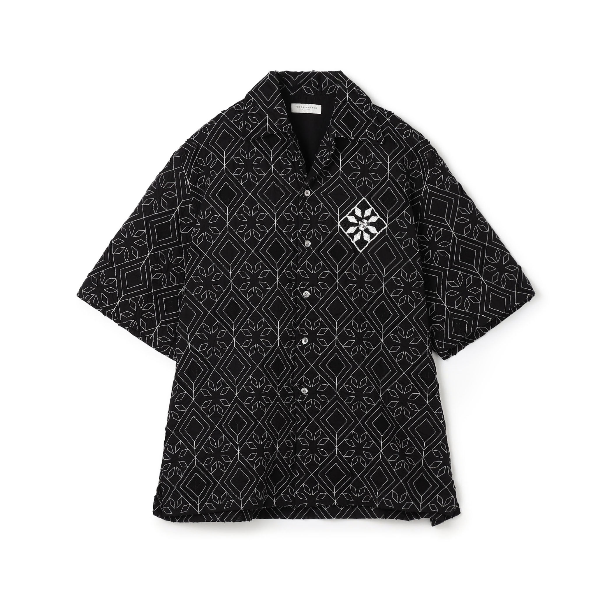 コットンローン刺繍ステッチ オープンカラーハーフスリーブシャツ
