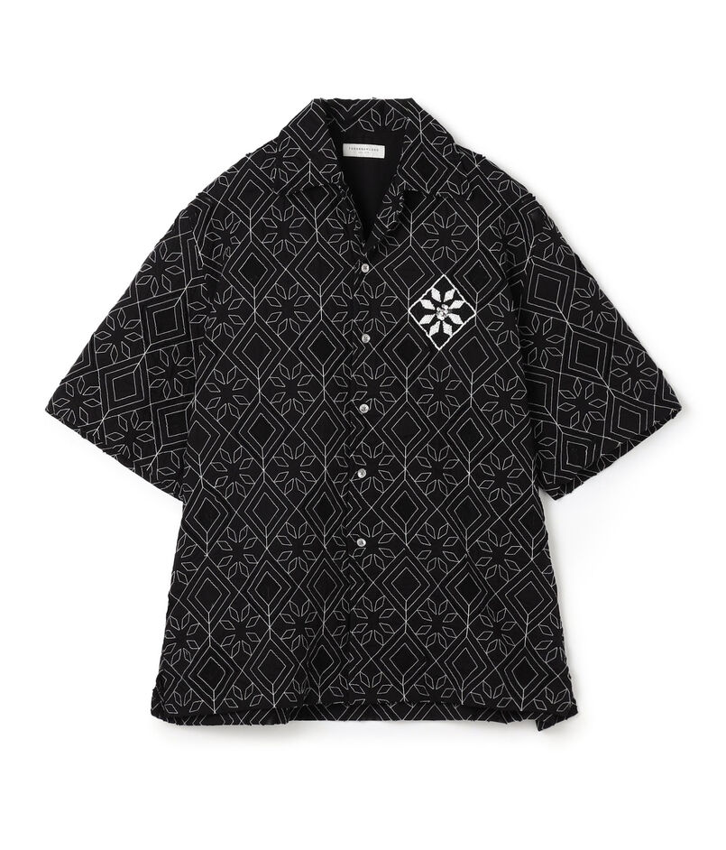 コットンローン刺繍ステッチ オープンカラーハーフスリーブシャツ