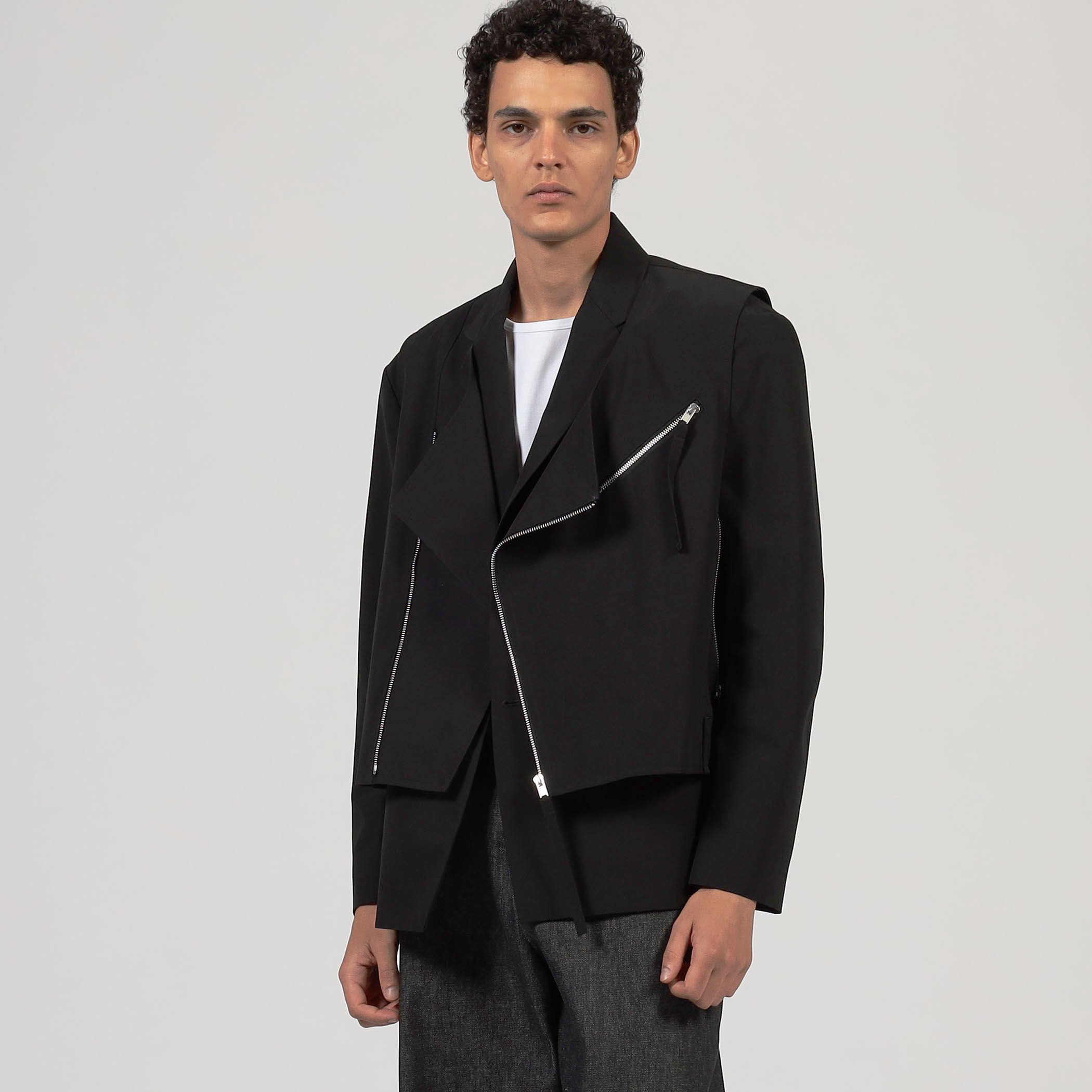 ヌートリア素材 黒ジャケット ALMOSTBLACK WOVEN レイヤードライダースジャケット