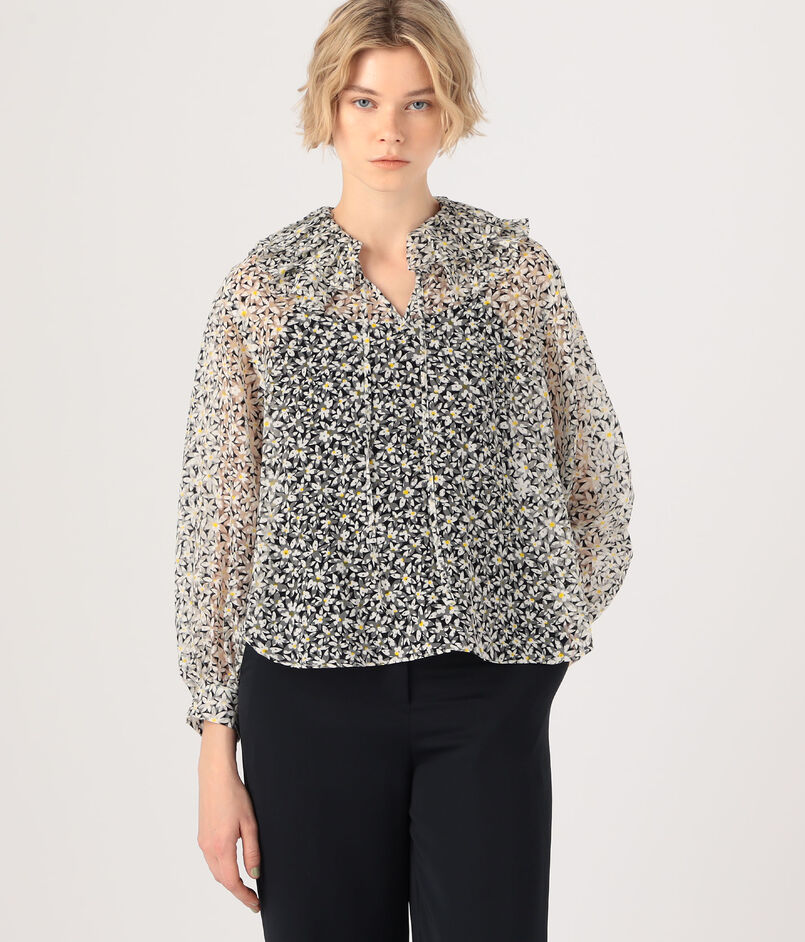 ドゥーブルフラワープリント ラッフルカラーブラウス  