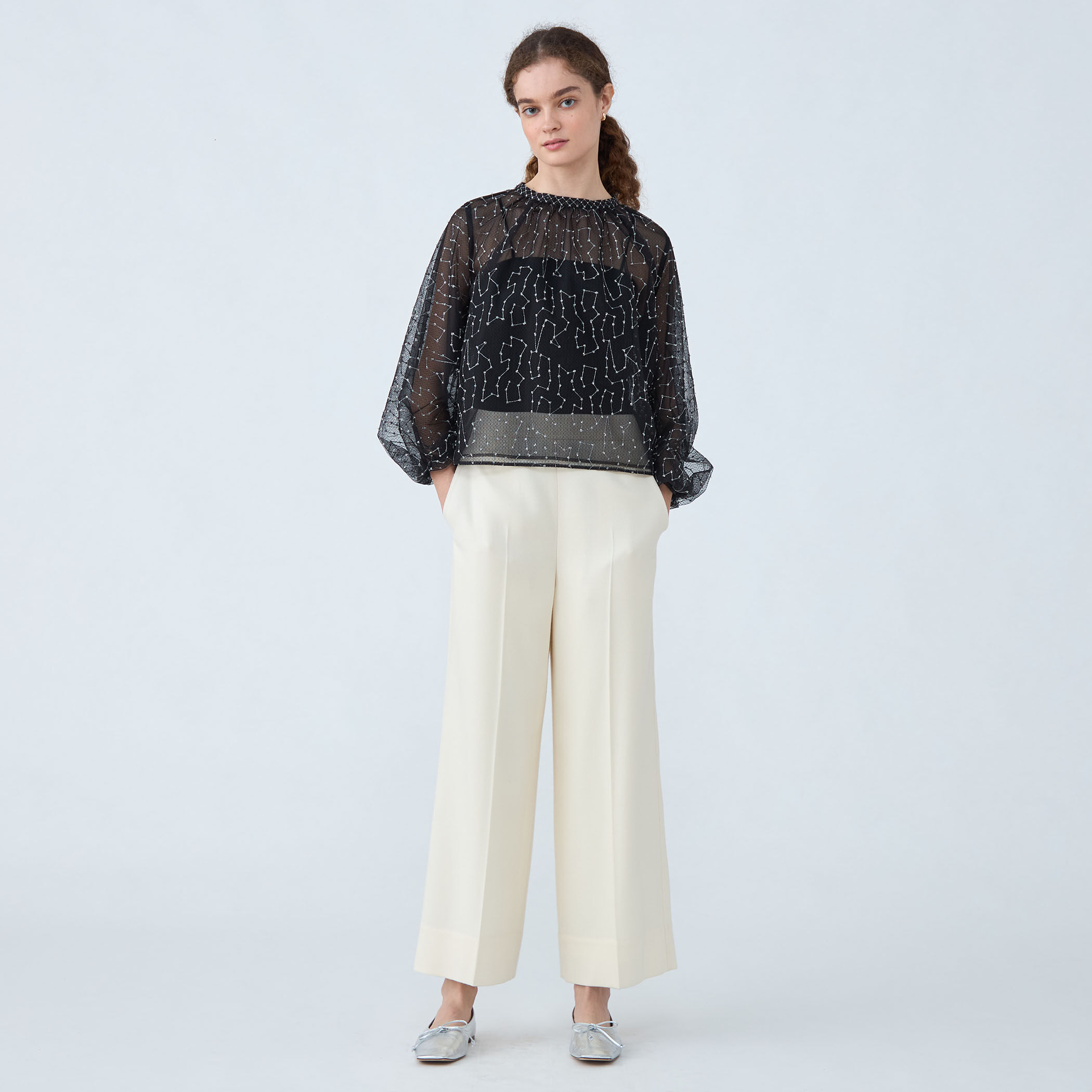 ビーズチュールエンブロイダリー スタンドボートネックブラウス