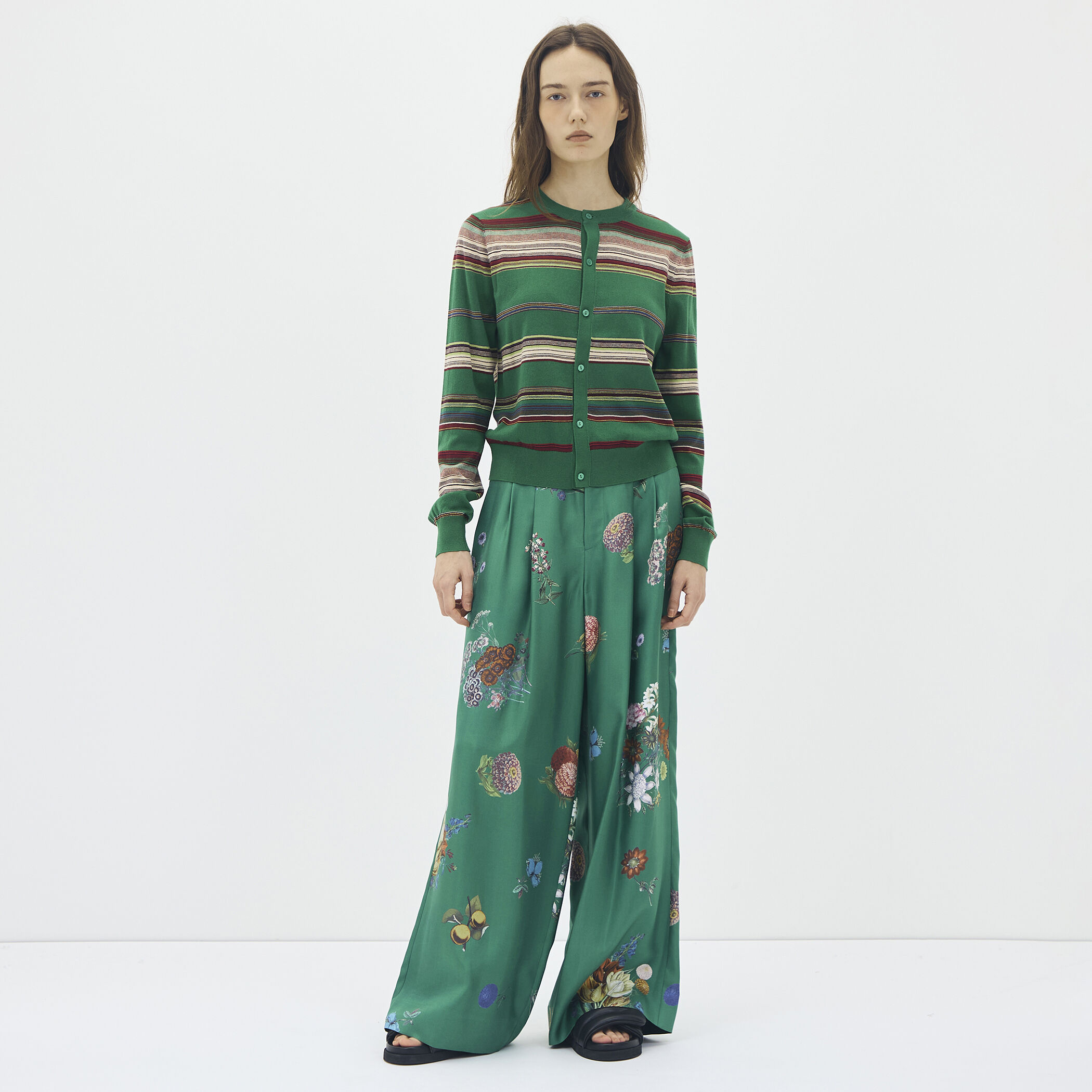 コットンカシミヤマルチボーダー クルーネックカーディガン