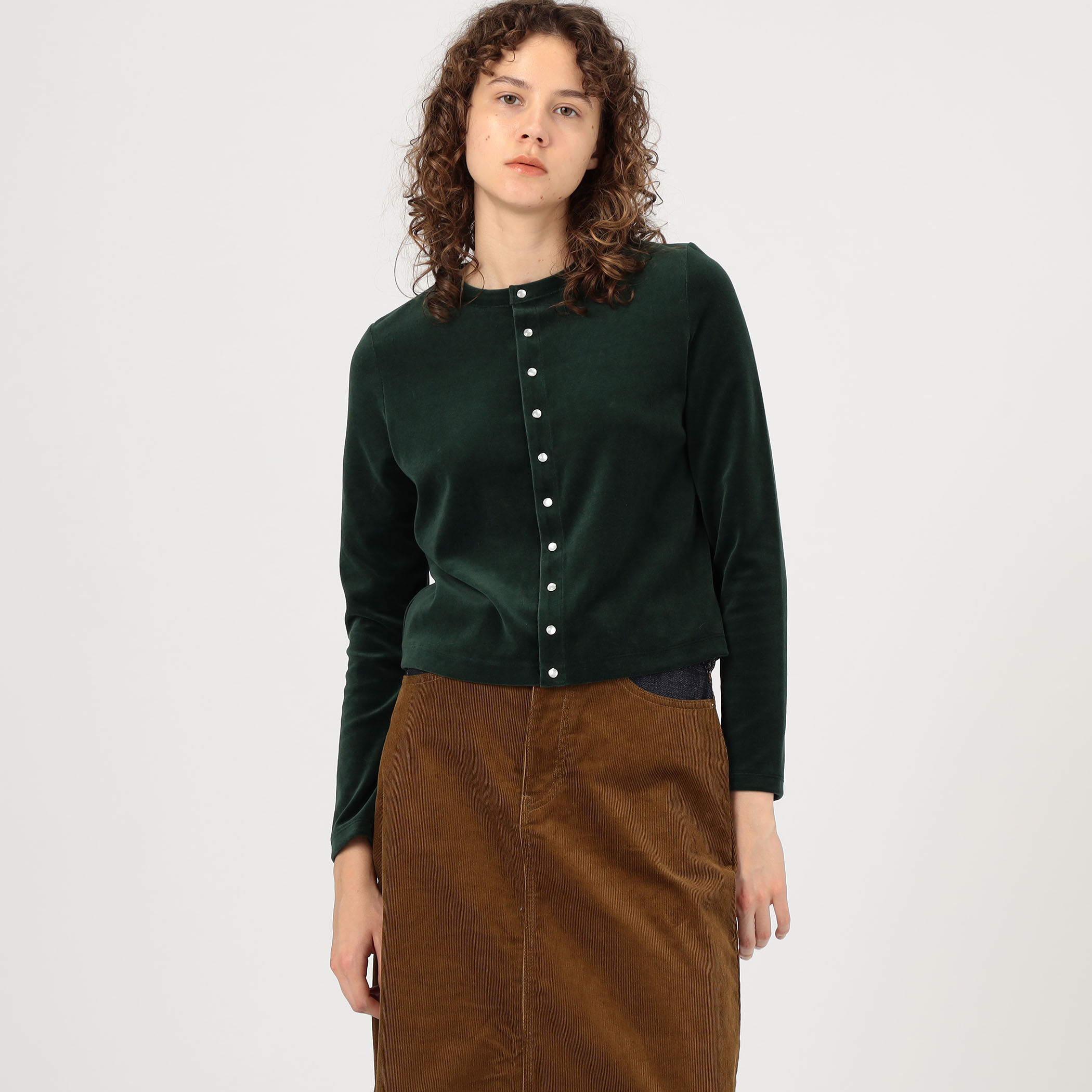 コットンポリエステルベロア クルーネックカーディガン