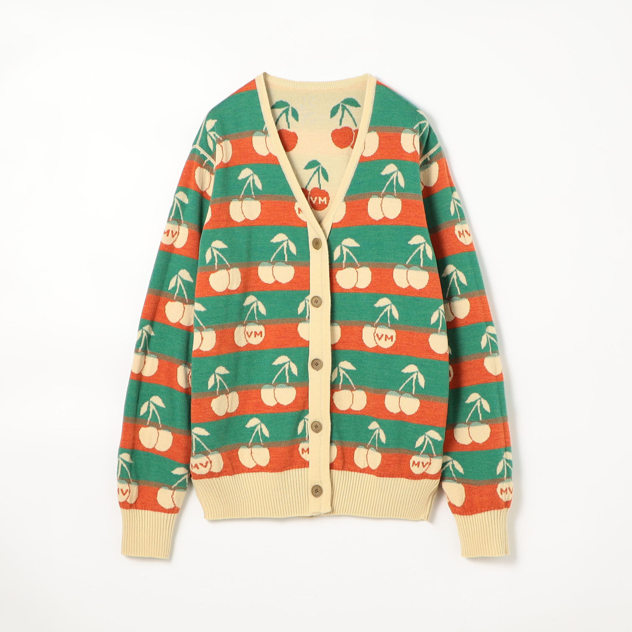 ウール チェリーモチーフ Vネックリバーシブルカーディガン