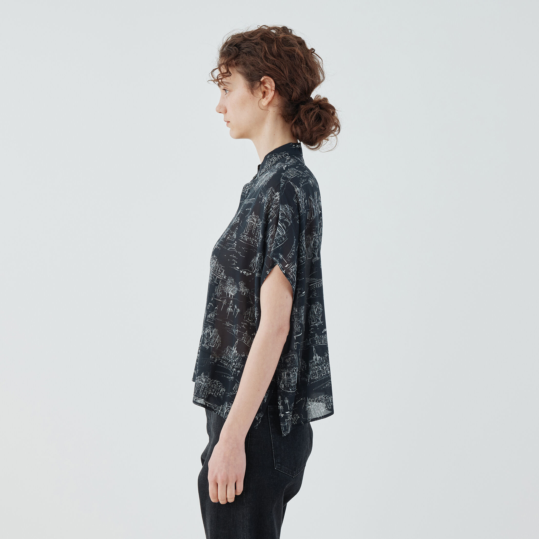 LandScapeシルクストレッチ スタンドネックボックスシャツ