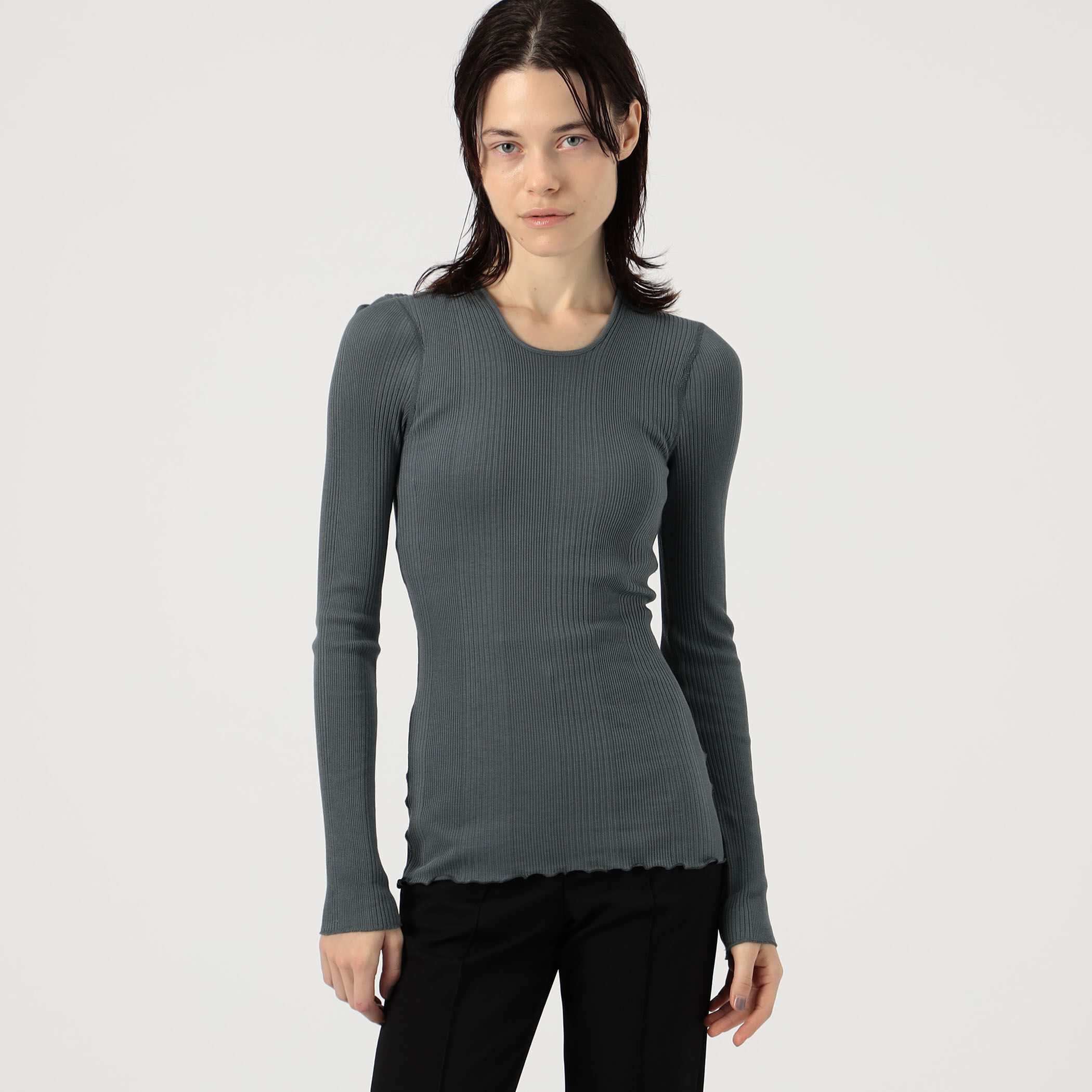 超美品｜完売品 ランダムリブカットソー size2 navy セール】 綿100％ ランダムリブ ハイネックTシャツ（長袖