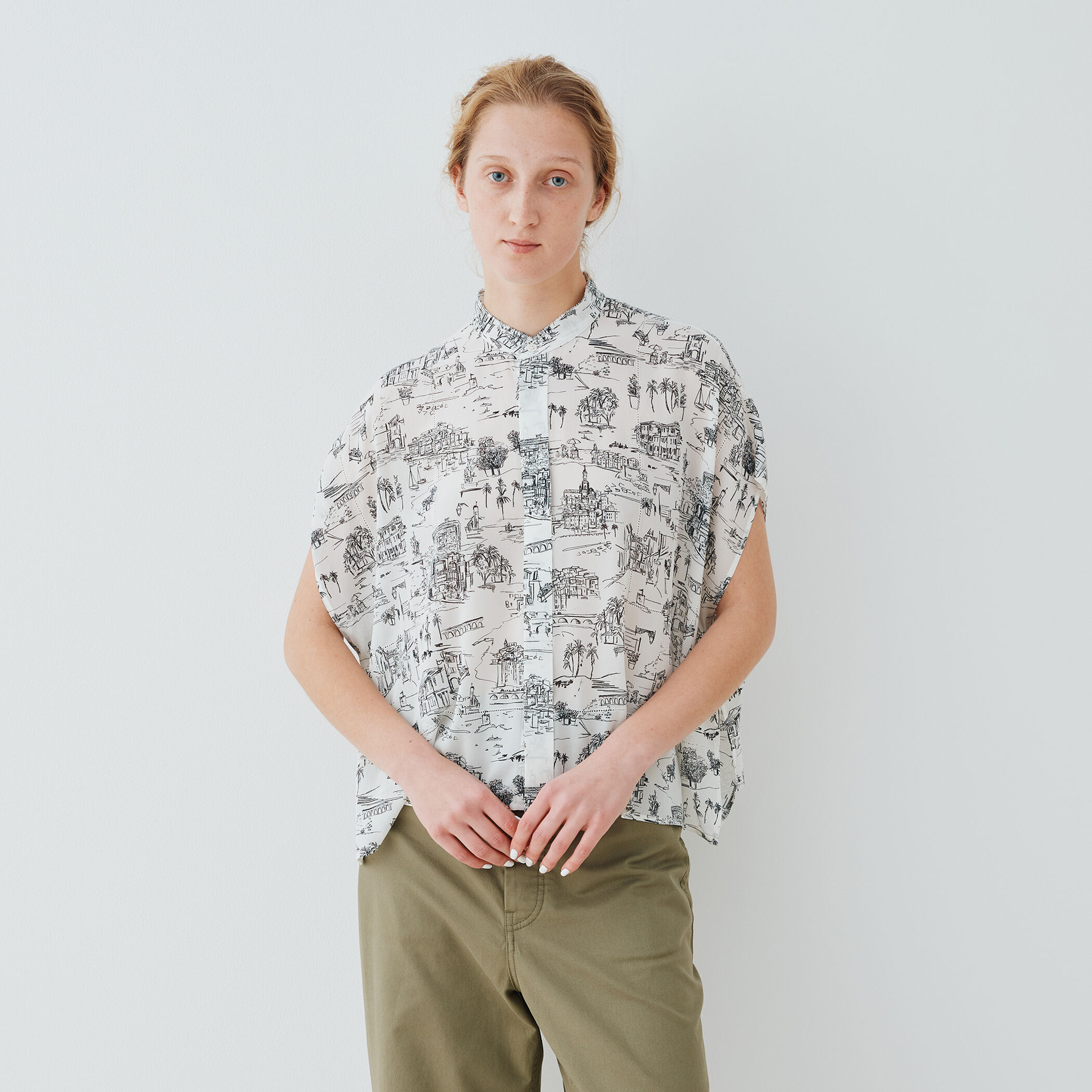 LandScapeシルクストレッチ スタンドネックボックスシャツ