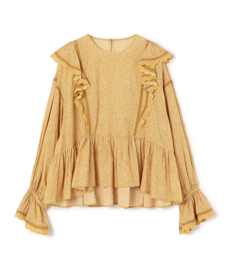 コットンレーヨンプリント ペプラムレースブラウス