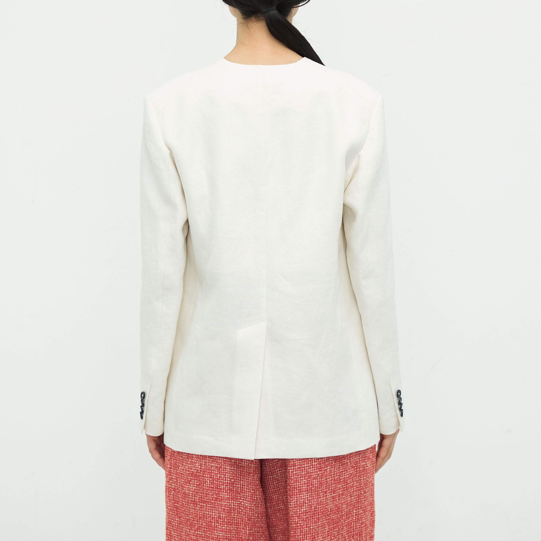 SALUE サルエ ヘリンボーン リネン ノーカラー ジャケット 1 SALUE サルエ ヘリンボーン リネン ノーカラー ジャケット 1